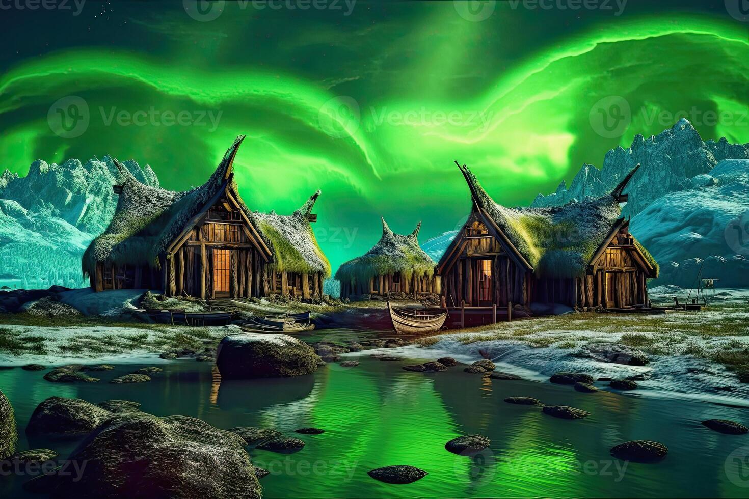 illustration of viking houses in a landscape with northern lights photo