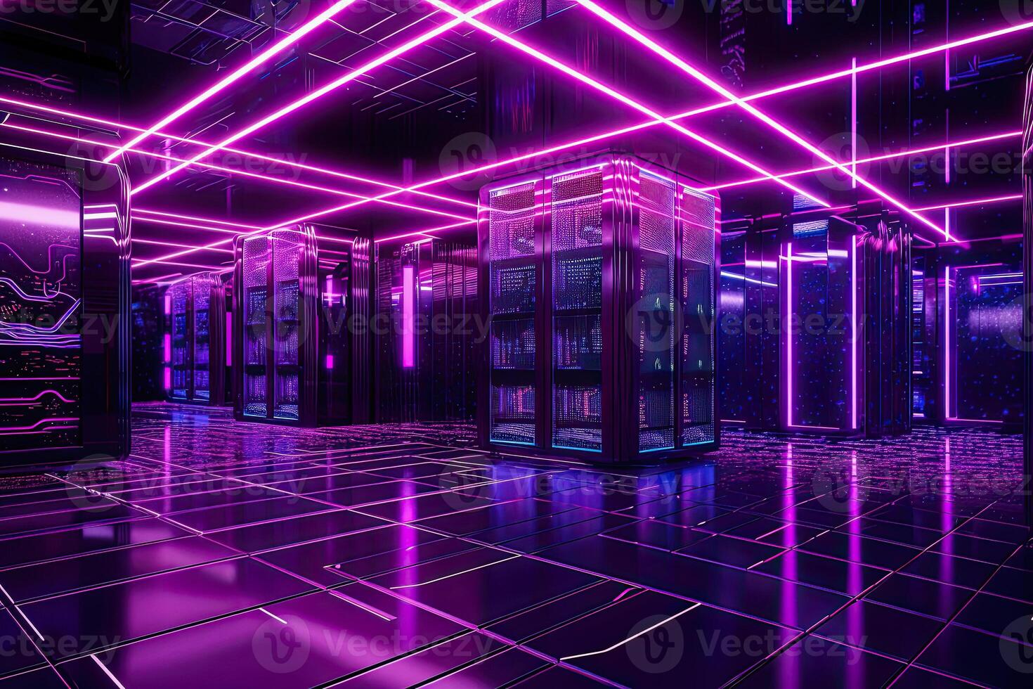 illustration of a neon violet colored modern server room photo
