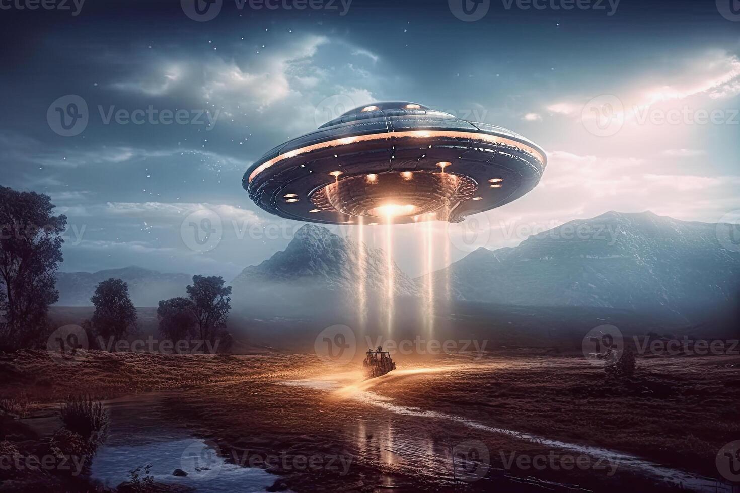 illustration of an illuminated spaceship over a landscape photo