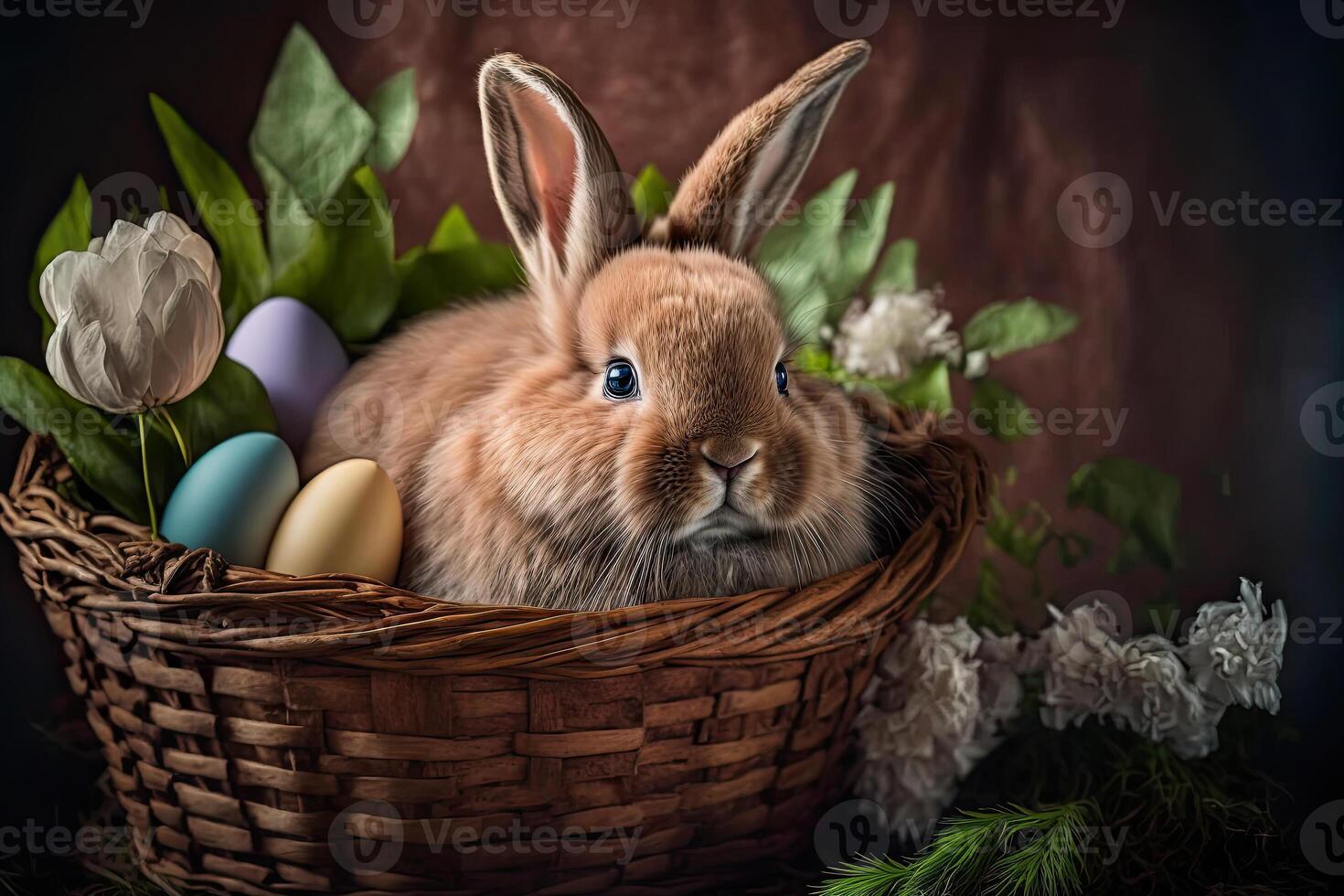 illustration of an easter bunny in a basket beside eggs photo