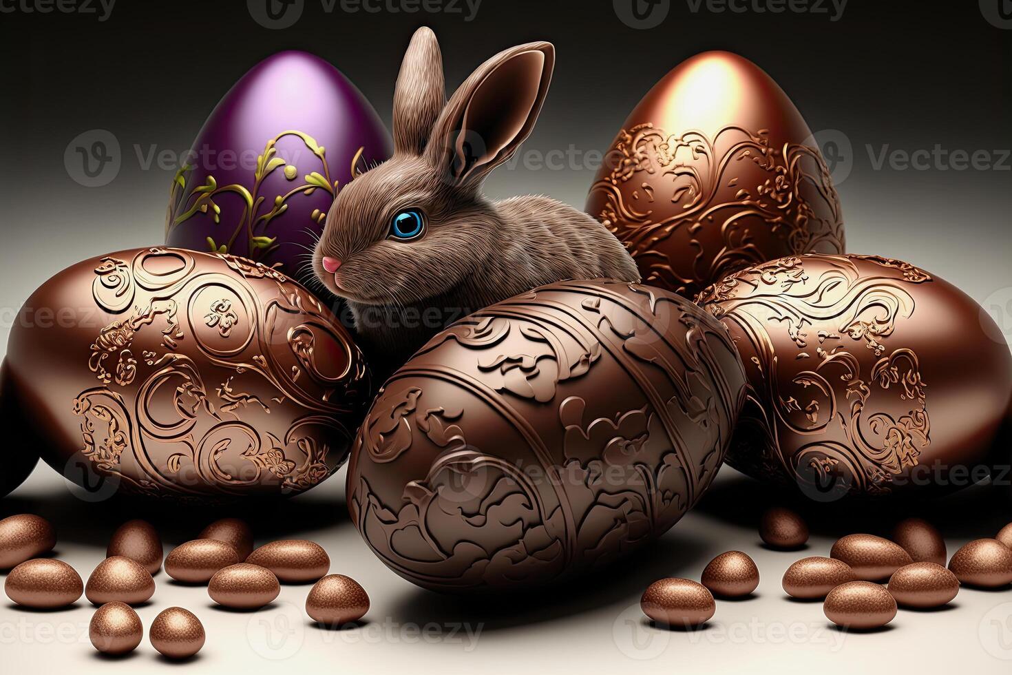 illustration of an easter bunny beside chocolate eggs photo