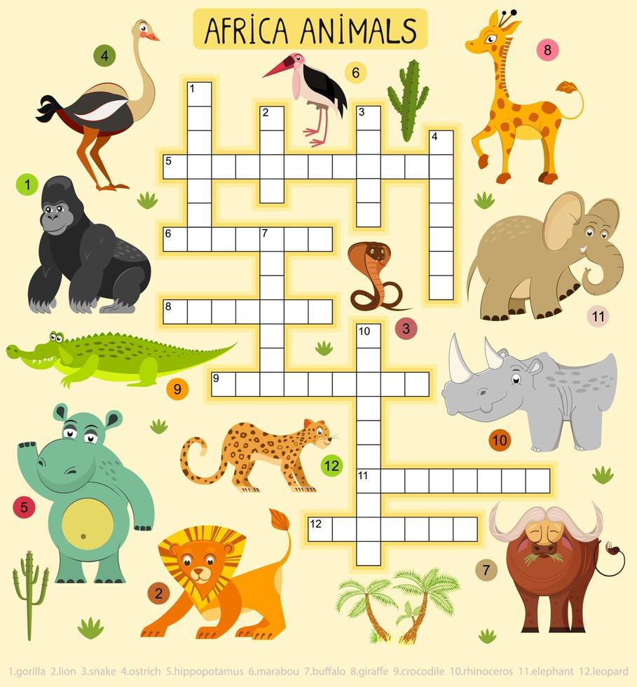 African animals vector crossword for children.
