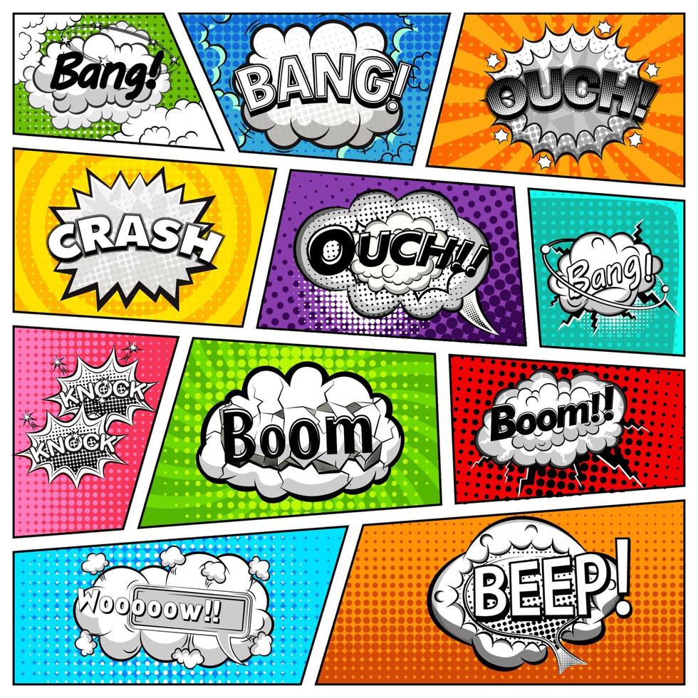 Comic book page divided by lines with black and white speech bubbles, sounds effect. Retro background Mock-up. Comics template. Vector illustration