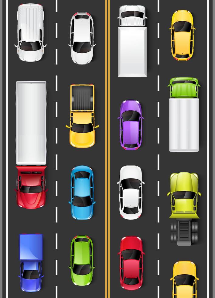 Top view of cars and trucks on the road. Driving on the highway. Vector illustration