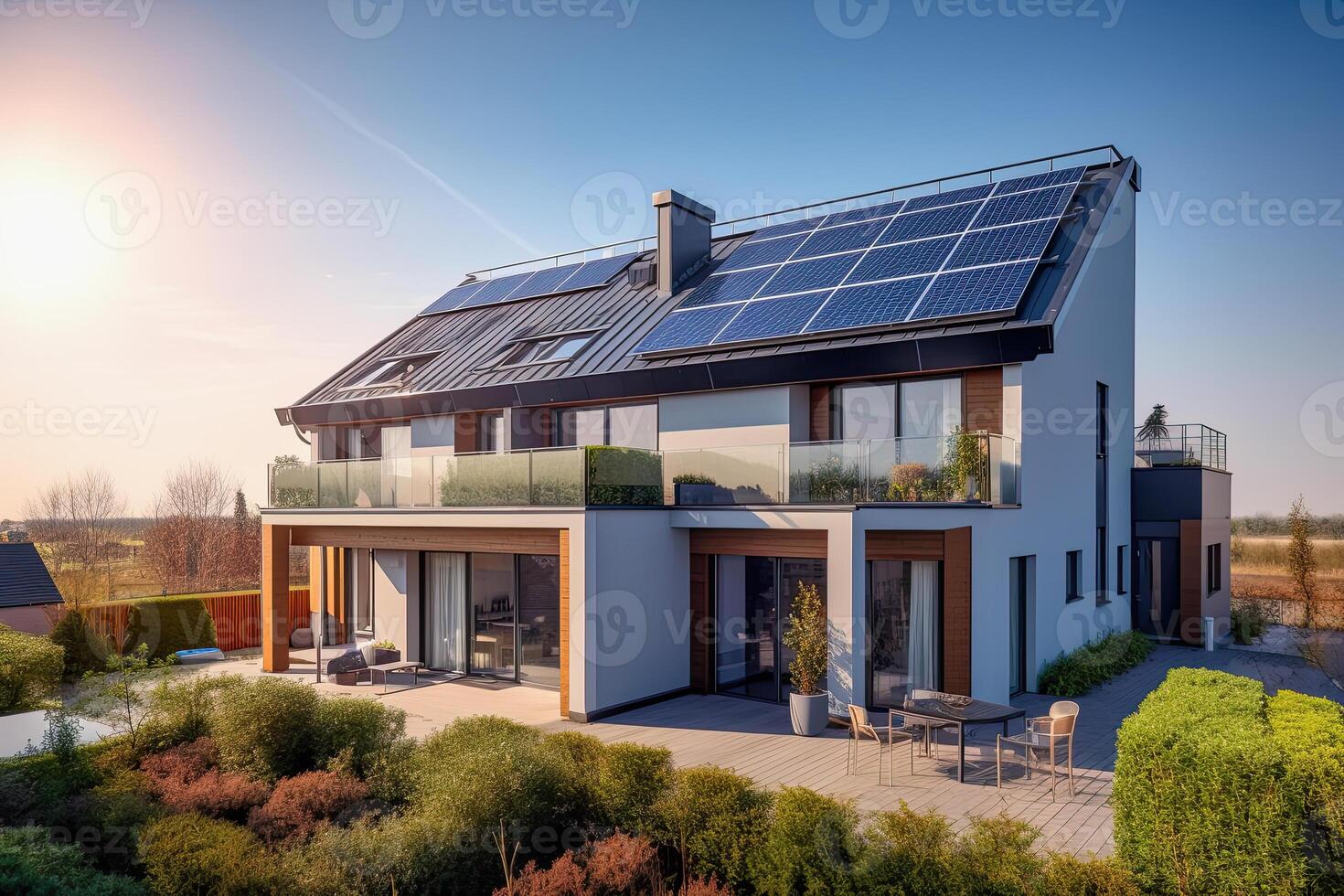 illustration of a familiy home with photovoltaic on the roof photo