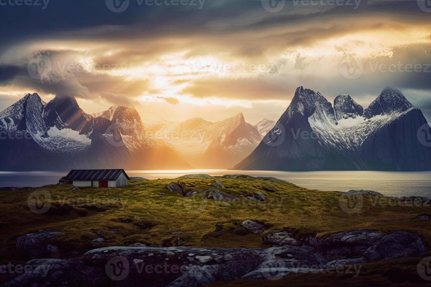 illustration of a sunset at a mountain landscape photo