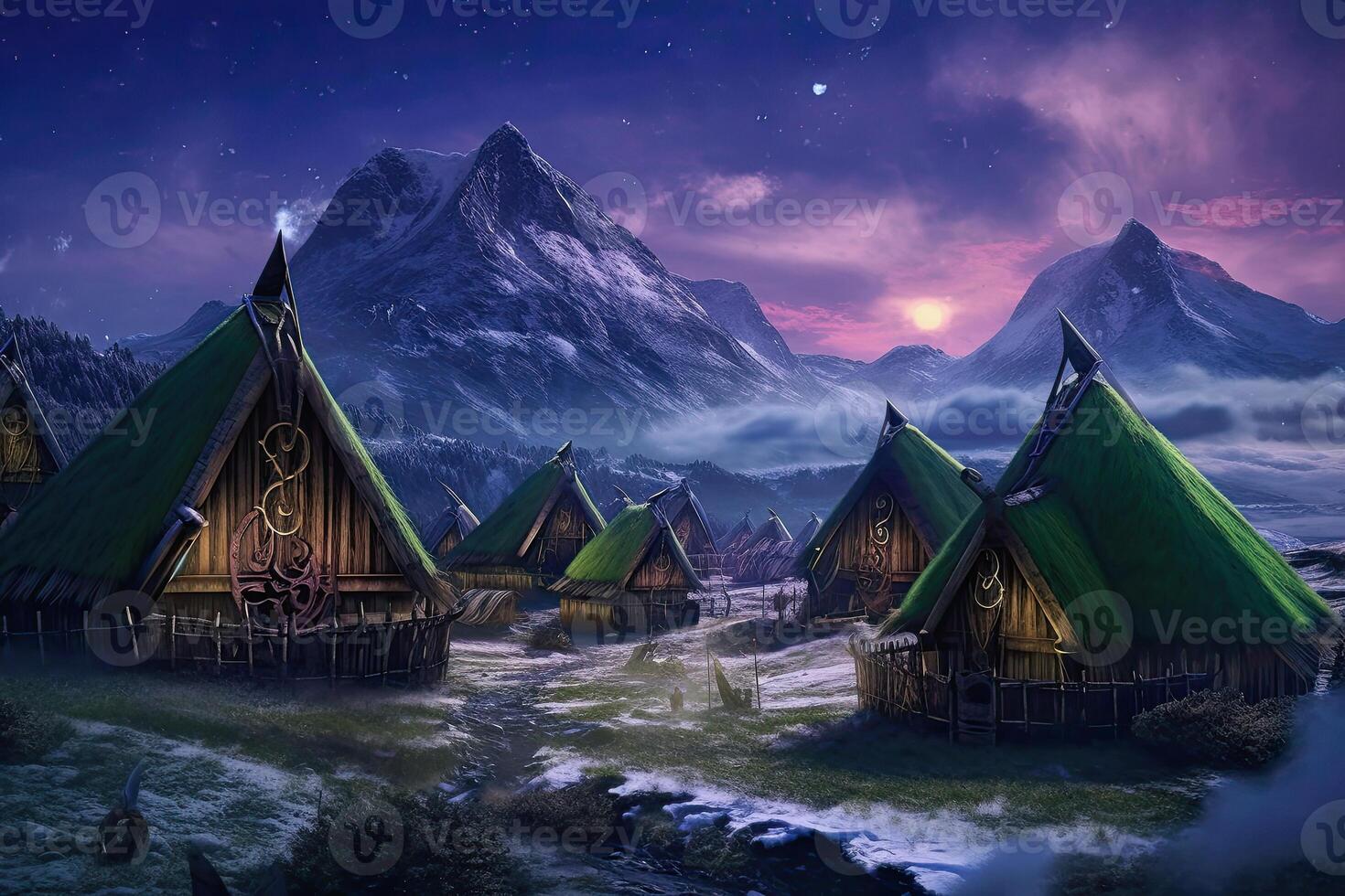 illustration of viking houses in a fantasy landscape photo