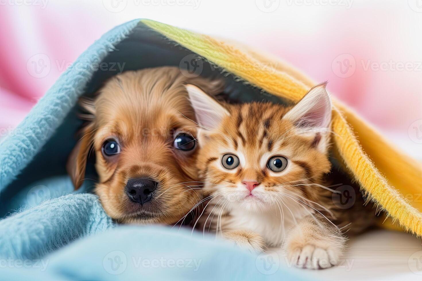 illustration of a dog and cat under a colorful blanket photo