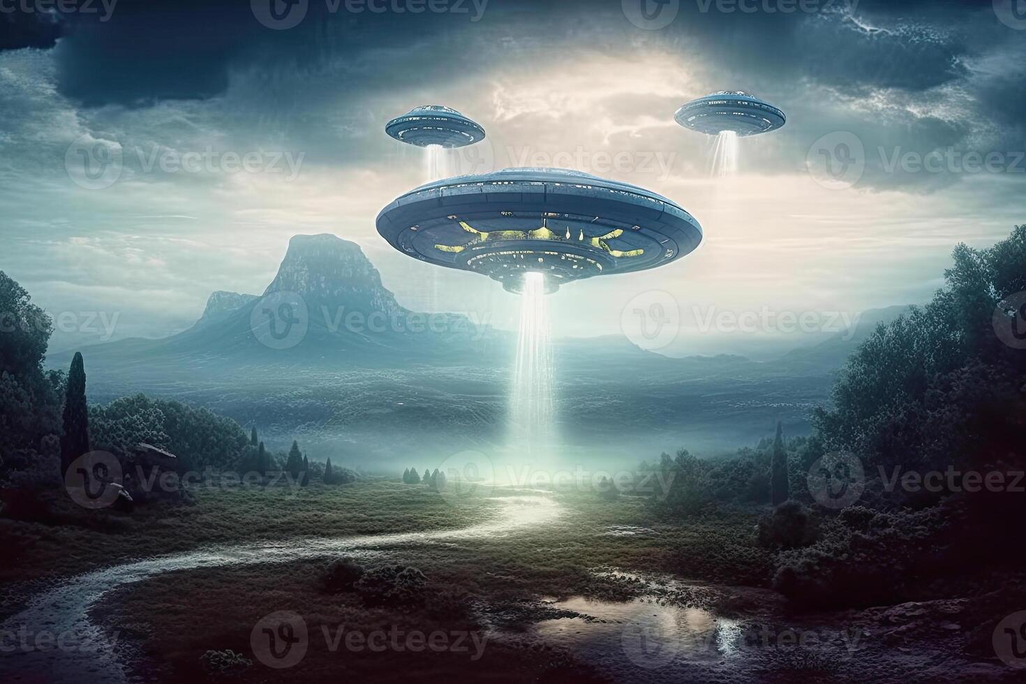 of alien spaceships over a landscape photo