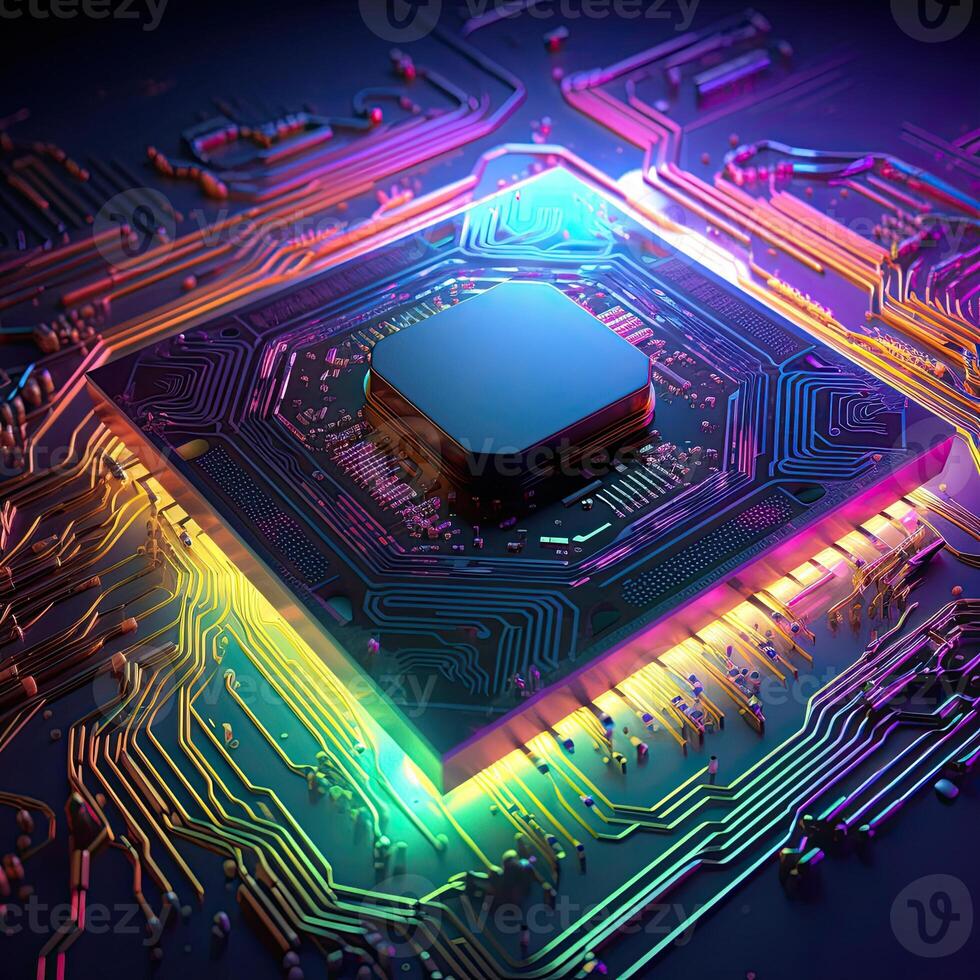 3d representación UPC o procesador chipset en tarjeta madre electrónico dispositivo y circuito junta, generativo ai concepto tecnología vistoso antecedentes. foto