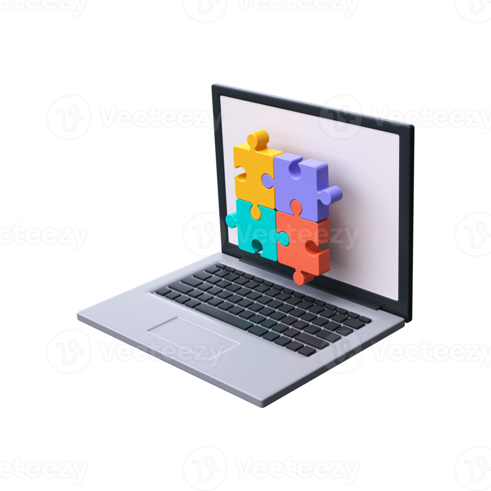 3d laptop with puzzle. Symbol of teamwork, cooperation, partnership png