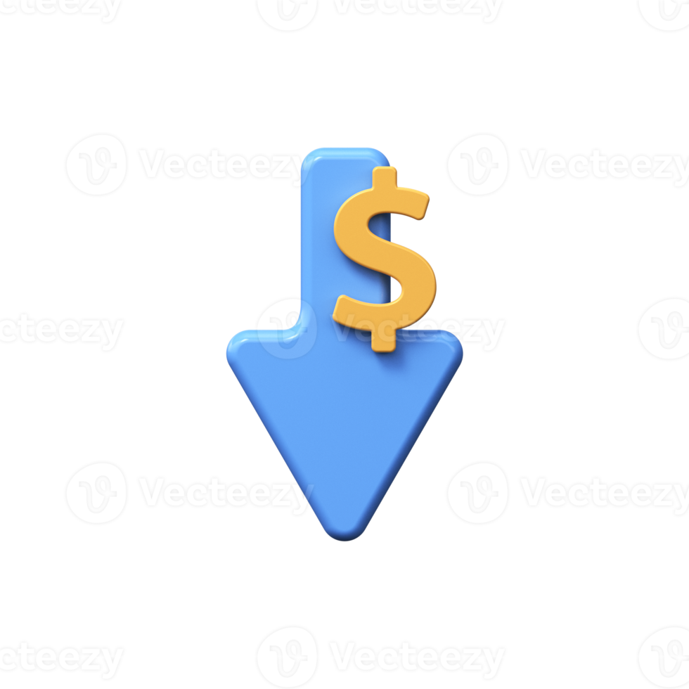 3d dollar icon. Money symbol with down arrow. png