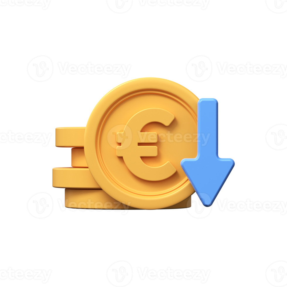 custo redução ícone. euro moedas com baixa seta. 3d render png