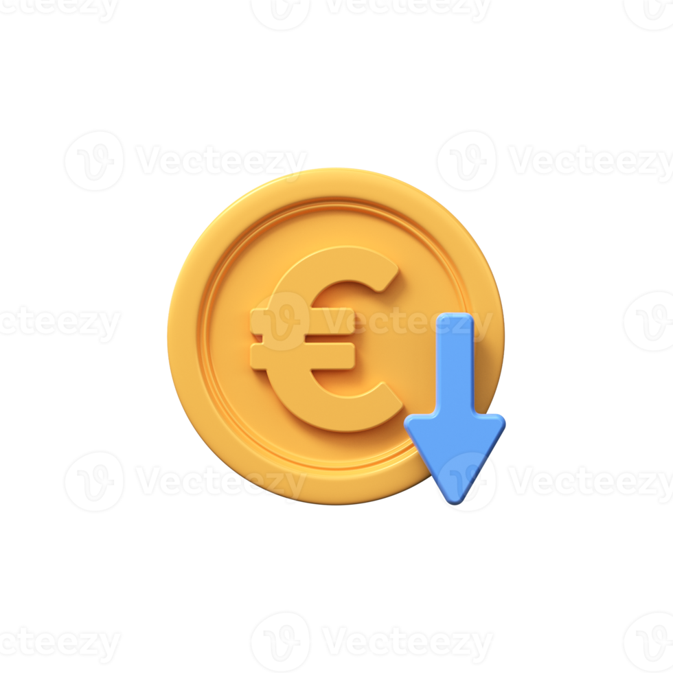 dorado euro moneda con abajo flecha. economía, finanzas, dinero, inversión símbolo. 3d moneda disminución icono. png