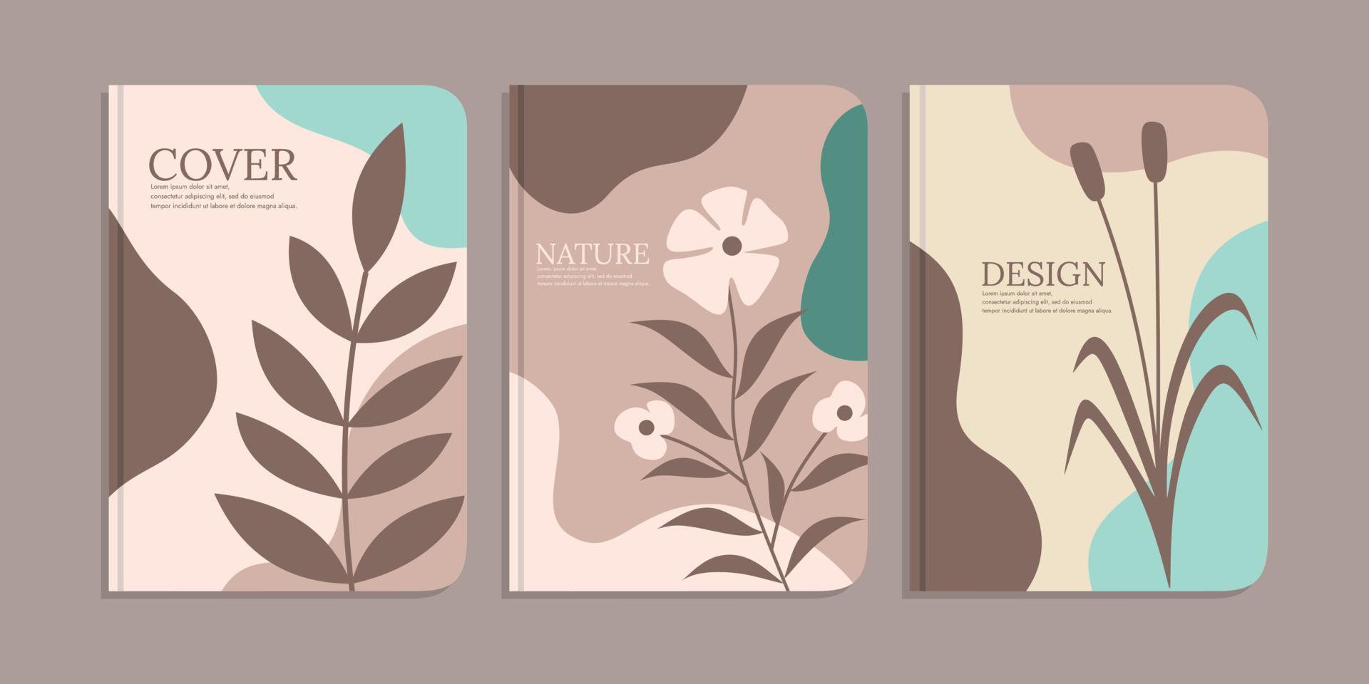 set of notebook cover templates with abstract hand drawn floral decorations. beautiful botanical background. size A4 For notebook, diaries, planner, school, brochure, book, catalog vector