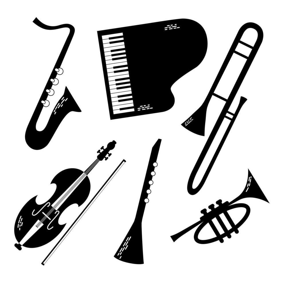 vector conjunto de musical jazz instrumentos dibujado en gráfico estilo. aislado en blanco antecedentes grande banda orquesta - piano, violín, viento trompeta, saxofón, clarinete, trombón.