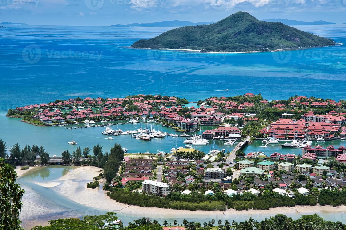 View of eden island, St Anne island, praslin and  La Digue and the marine park of St Anne, Mahe Seychelles. photo