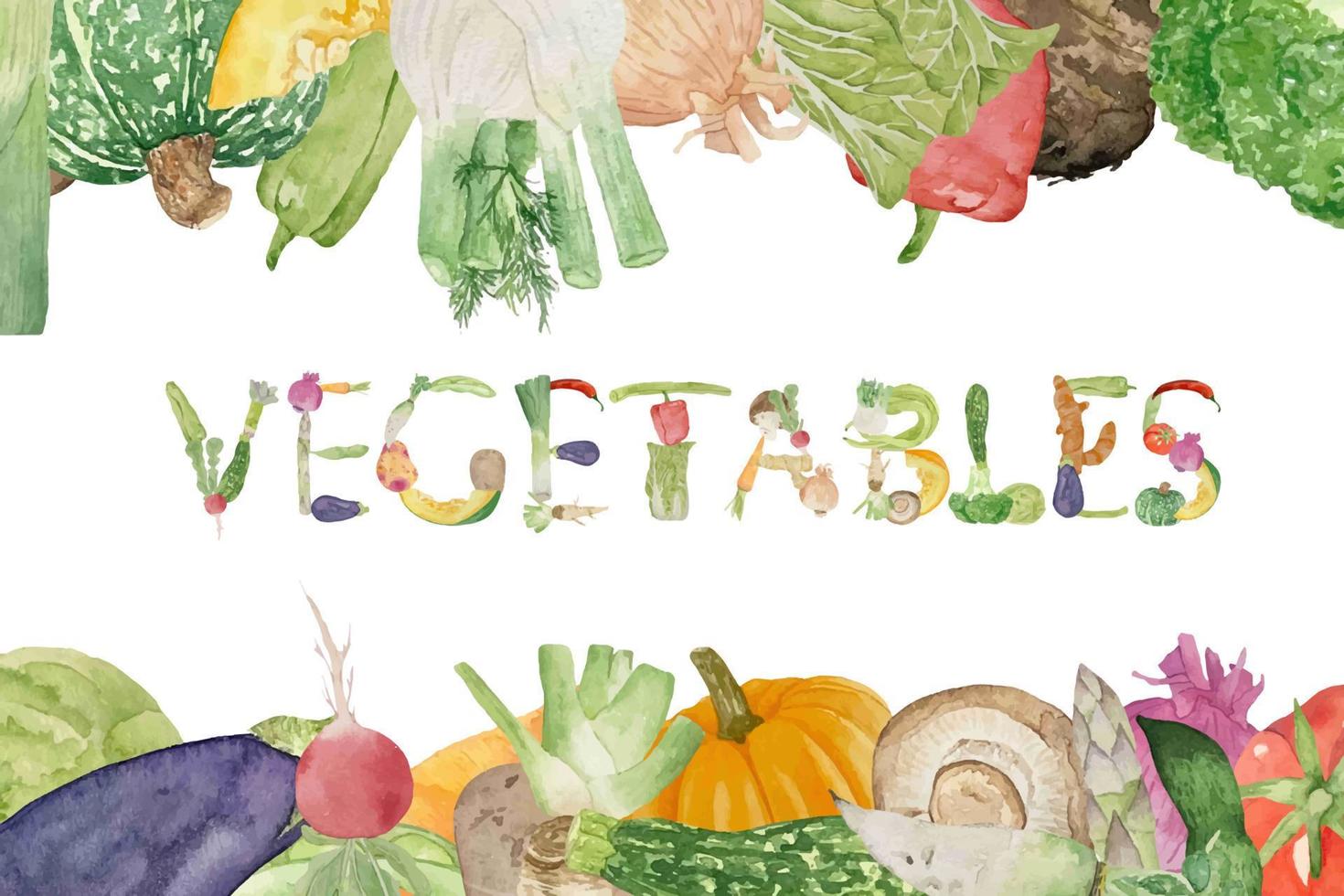 Watercolor border with various vegetables on white background flat layout. Concept of healthy eating, food background. Frame of vegetables vector