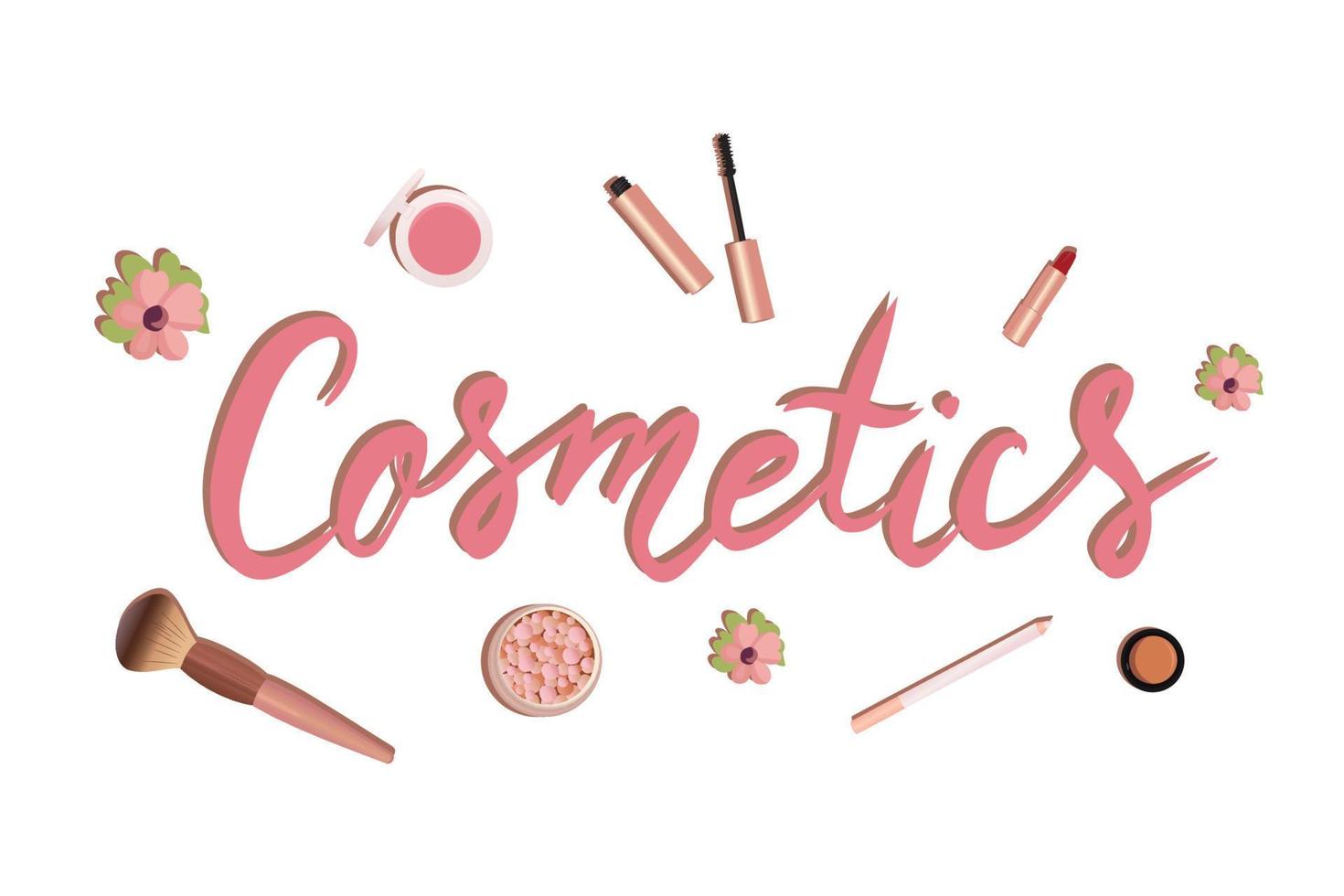 Illustration of a set of cosmetics - lipstick, blushes, mascara, makeup brush. Web page banner template, cute illustration vector