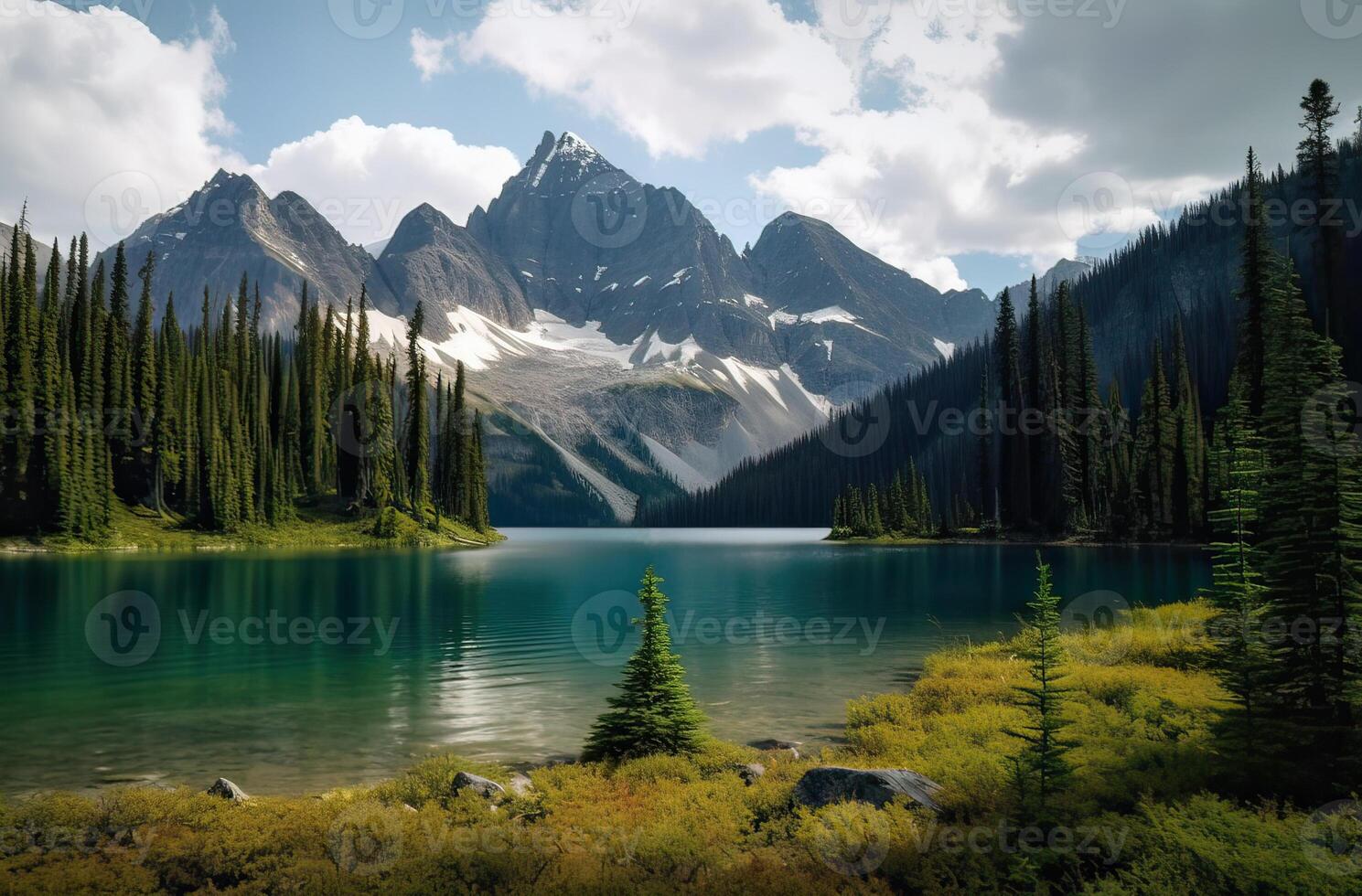 Beautiful green forest with a lake and snow capped mountains in the background. . photo