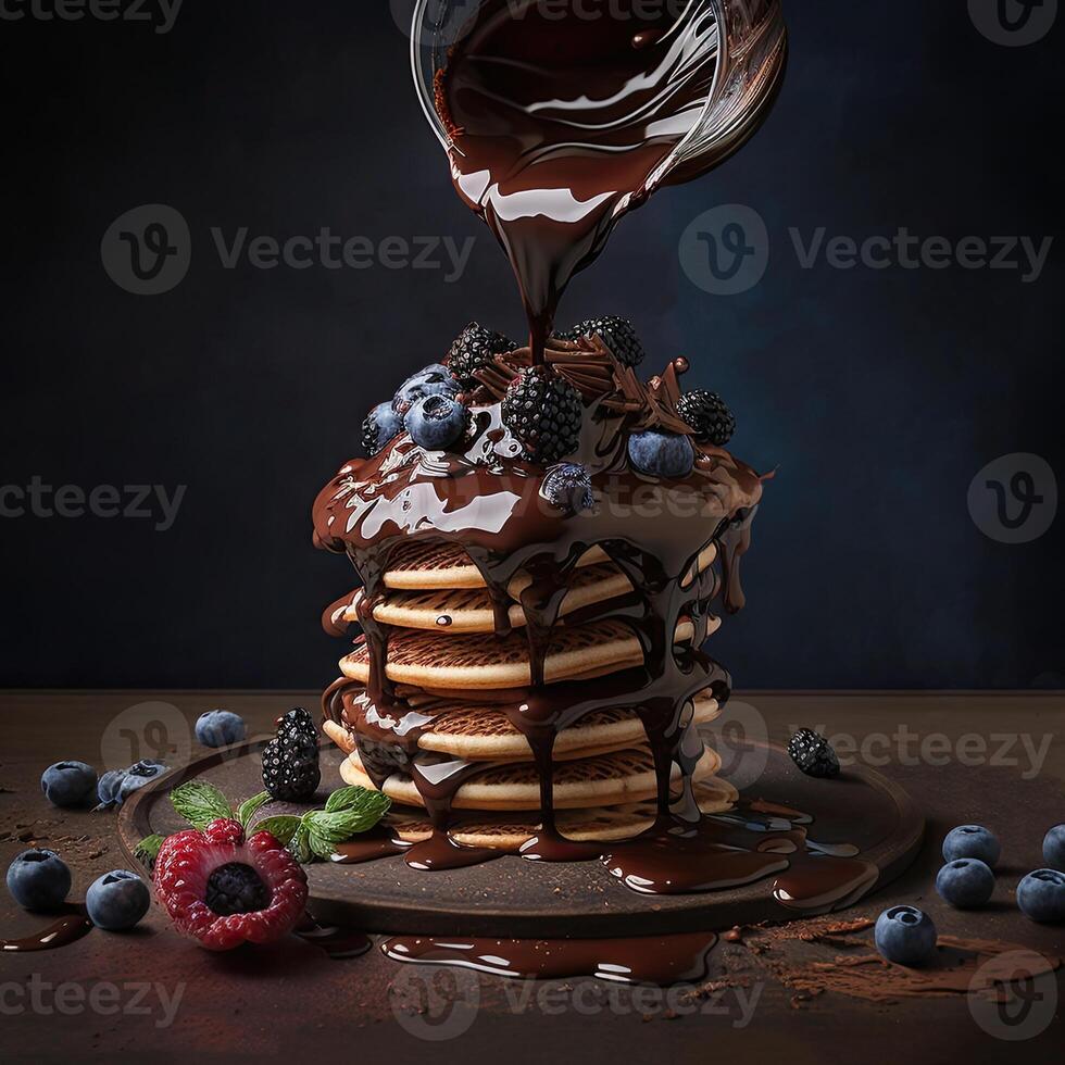 Stack of pancakes topped chocolate with berries. photo