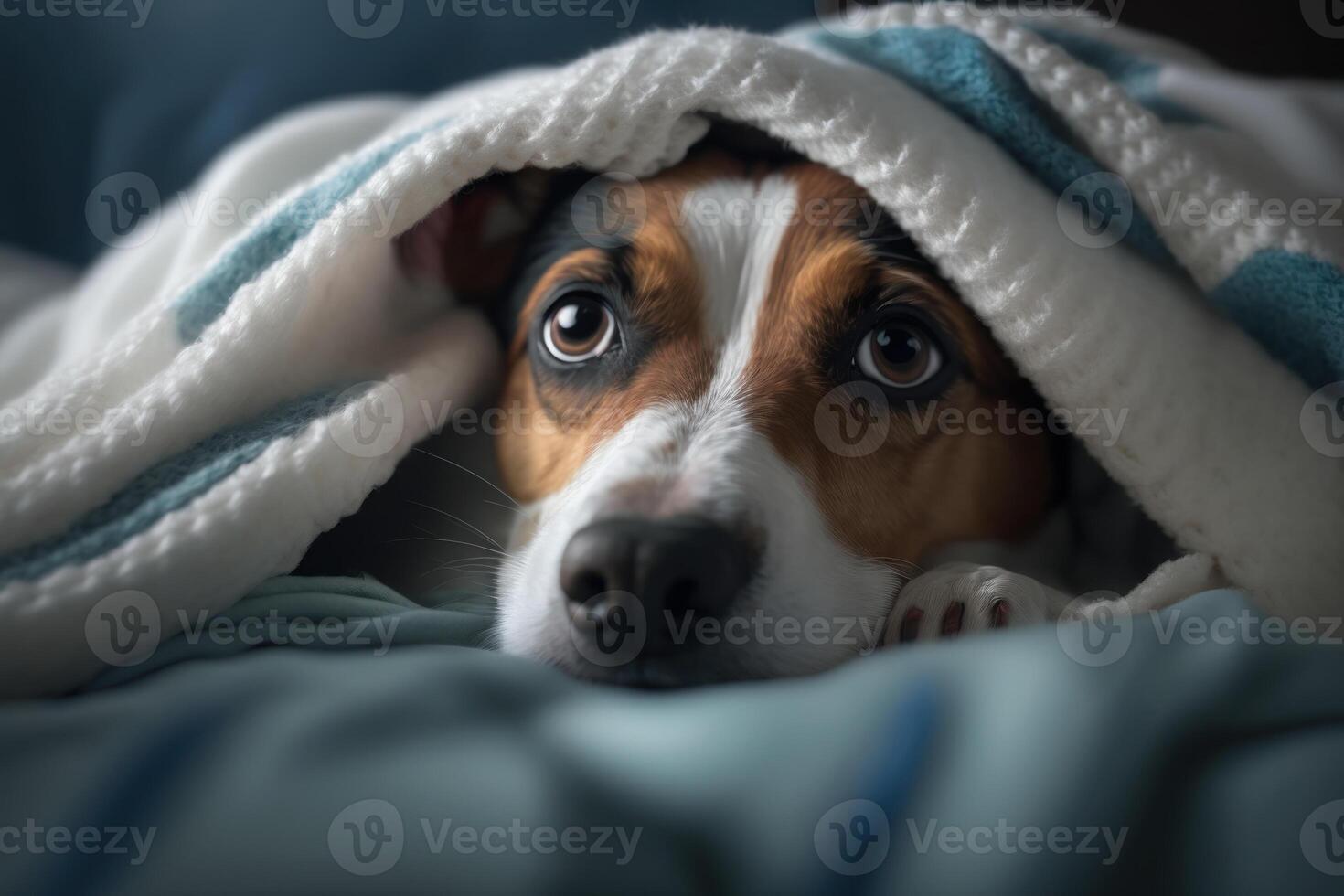 A young Jack Russell Terrier dog under a blanket. The pet is basking under the plaid. The concept of caring for pets. . photo