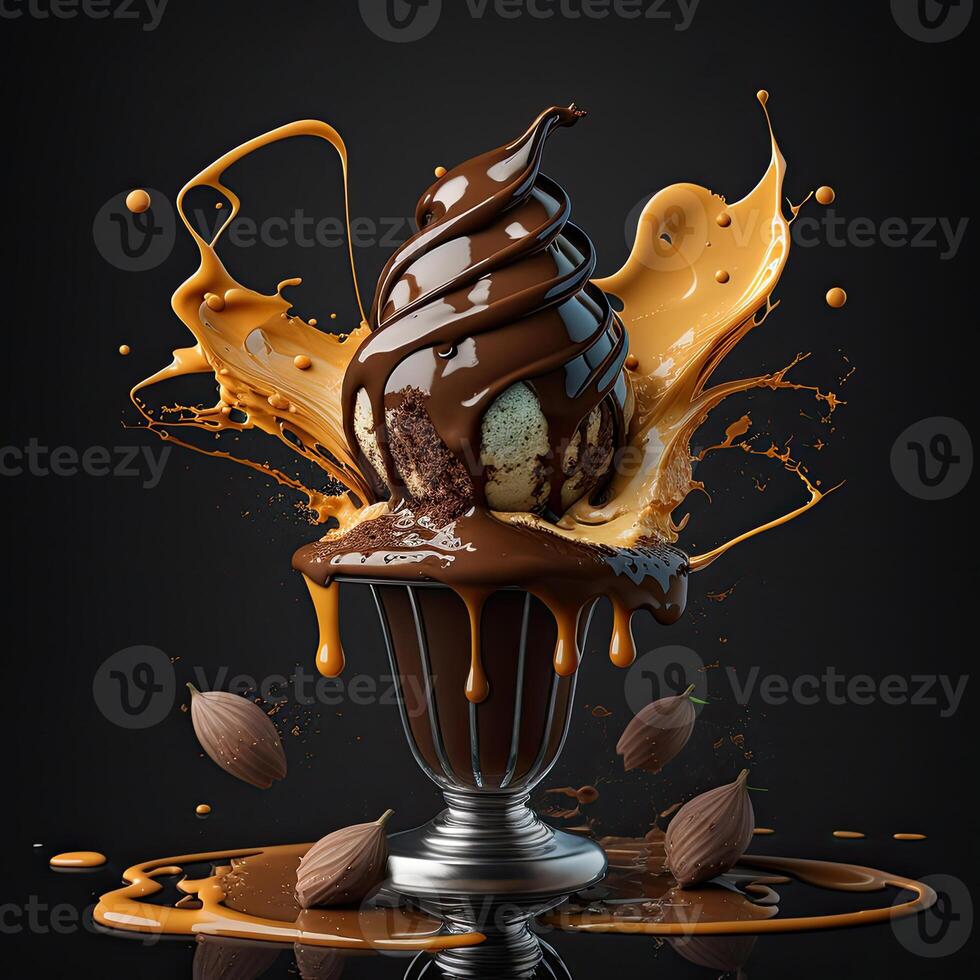 Ice cream. Chocolate Ice cream with caramel. . photo