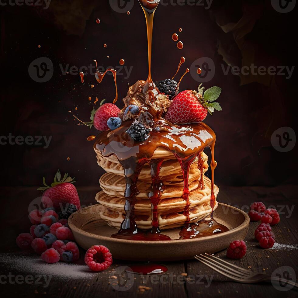 Stack of pancakes topped with honey caramel syrup with berries. photo