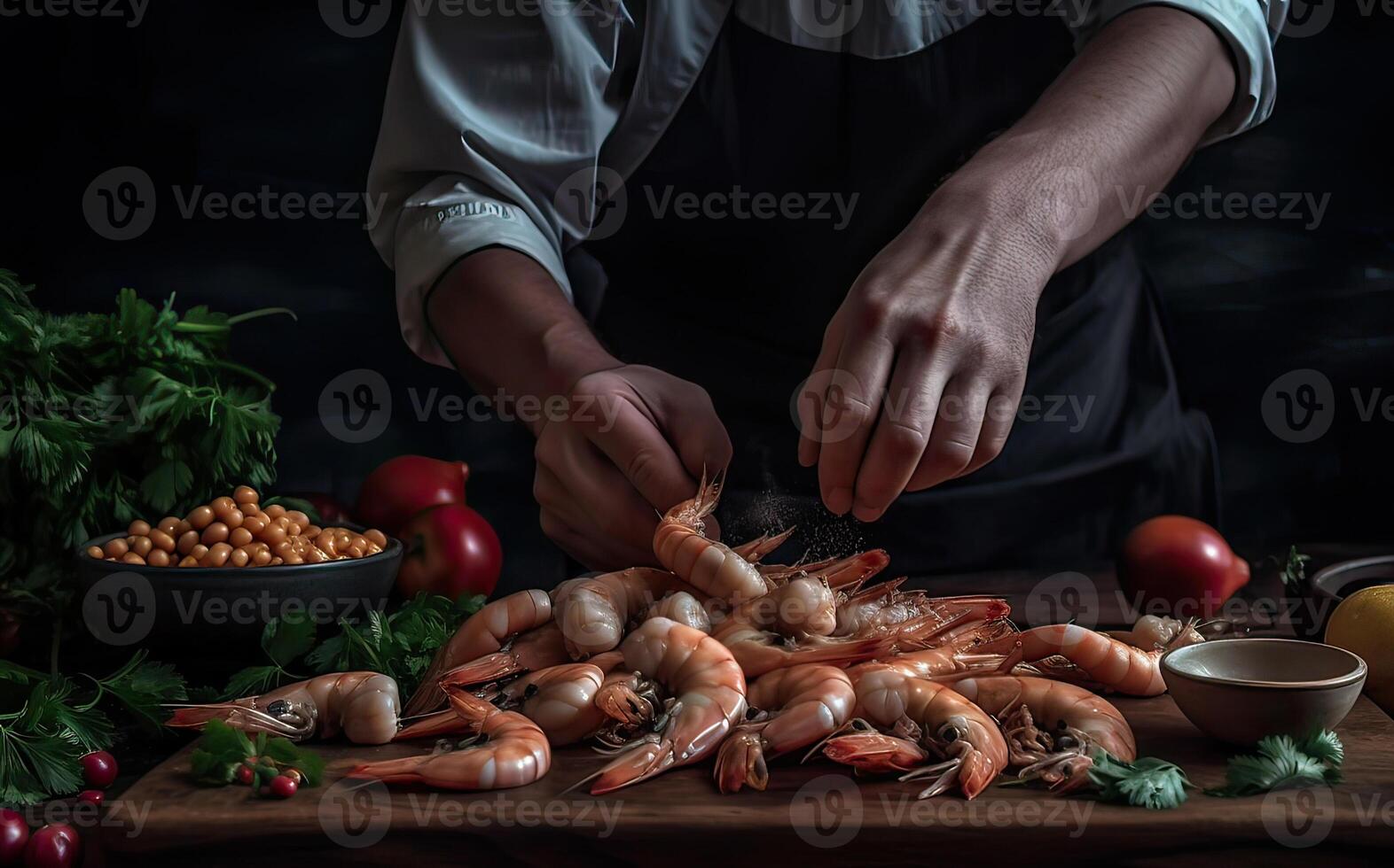 Seafood, Professional cook clean and prepares shrimps. Cooking seafood on a dark background. . photo
