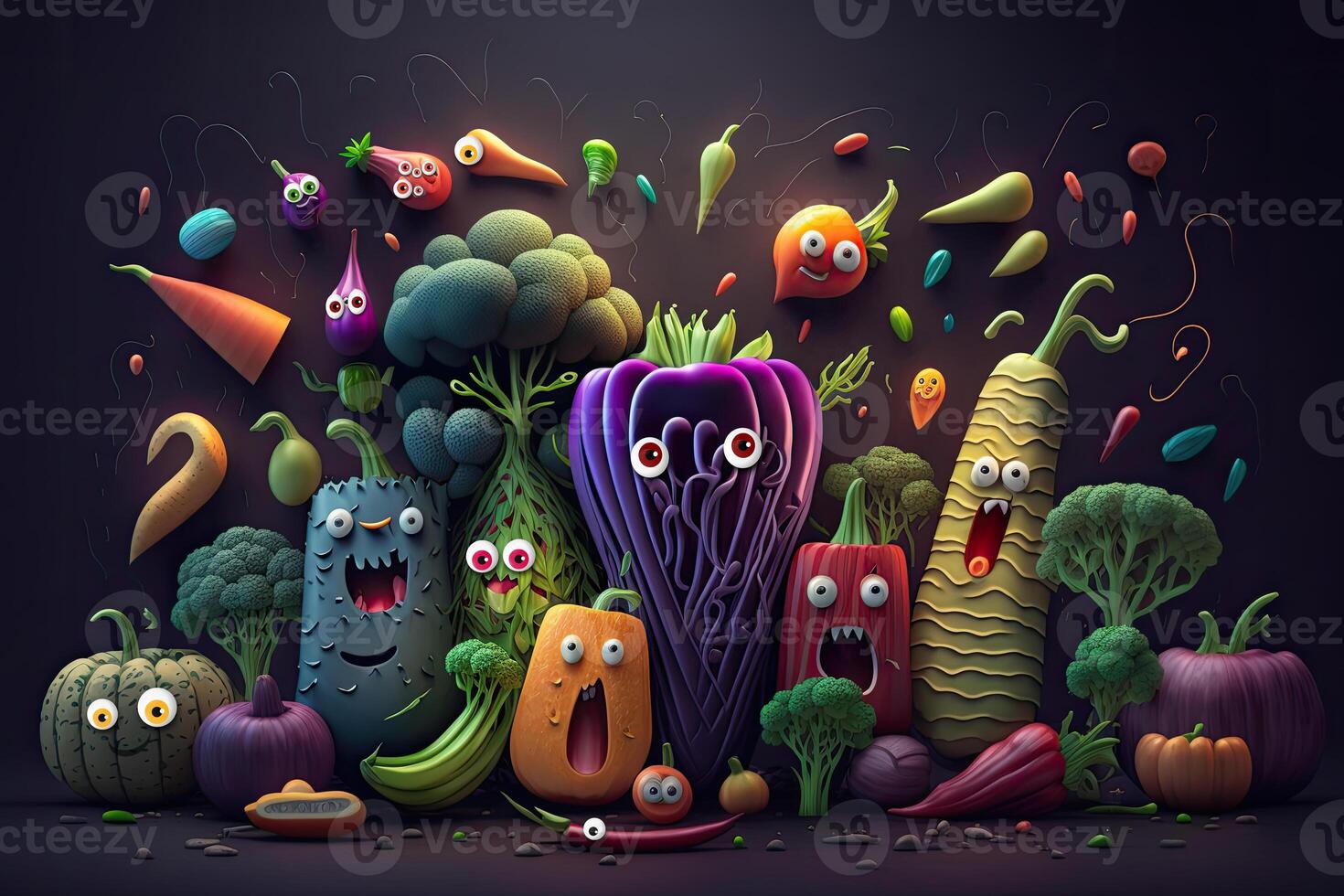 Funny cute vegetables in cartoon style. Vegetable mix. . photo