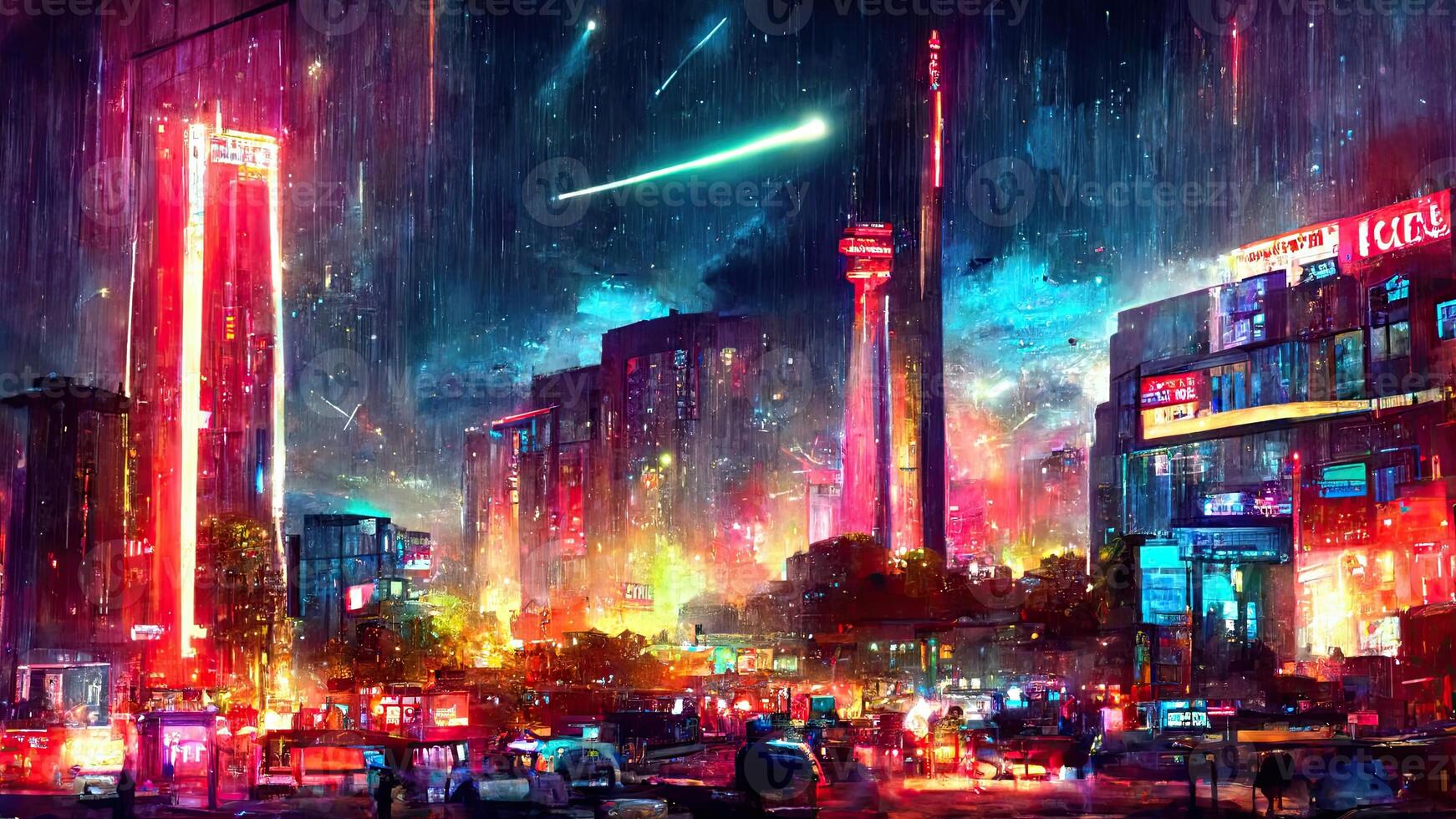 cyberpunk ciudad calle. ciencia ficción fondo de pantalla. futurista ciudad escena en un estilo de píxel Arte. urbano escena. generativo ai. foto