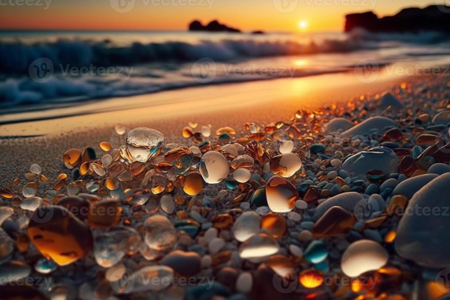 Beautiful beach at sunset full of sea glass beach pebbles, sands and shells in the coast background sea waves sunset and sky. photo