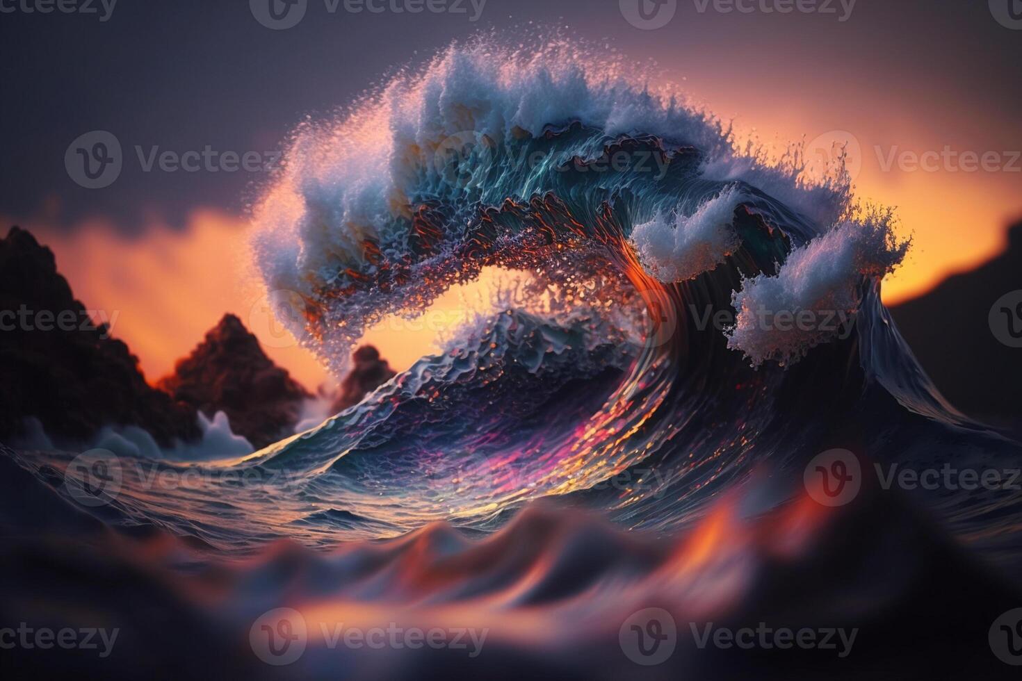 Ocean wave crashing at sunset. Stunning sunset on the sea. photo