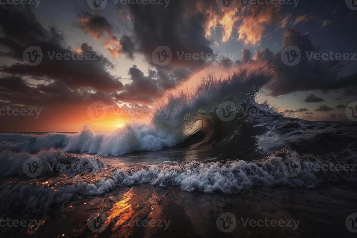 Ocean wave crashing at sunset. Stunning sunset on the sea. photo