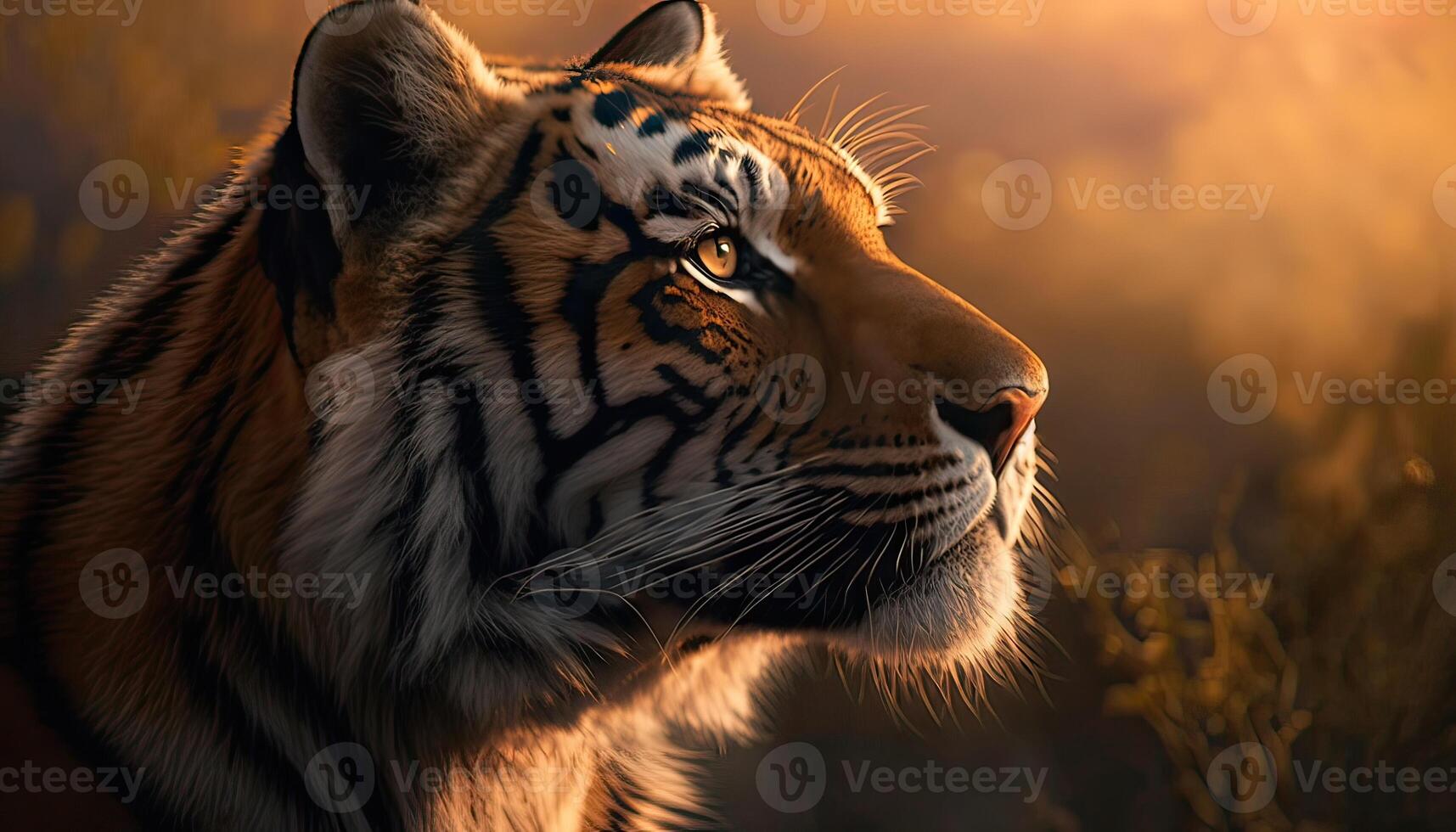 Tiger Portrait in the morning sun in nature. Side view. . photo