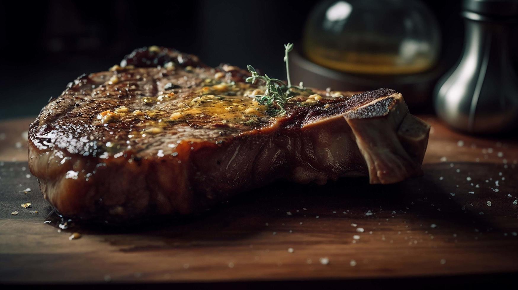 Bluewing Culinary photography 35mm close-up t-bone steak medium generated with ai photo