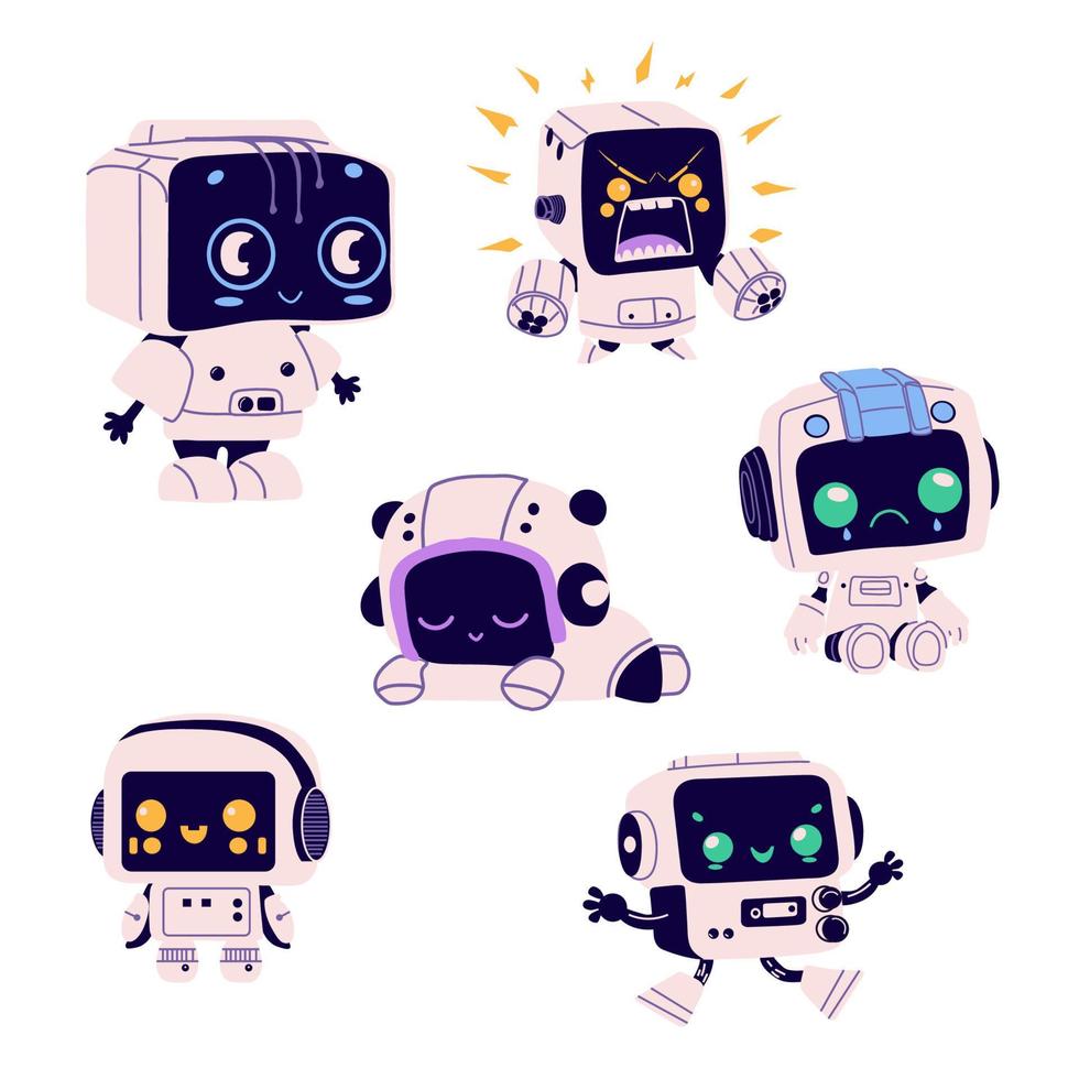 Set of Cute robots in retro futuristic style. Android bot character, smart machine . Smart assistant with clipboard, studying information. Flat vector illustration isolated on white background