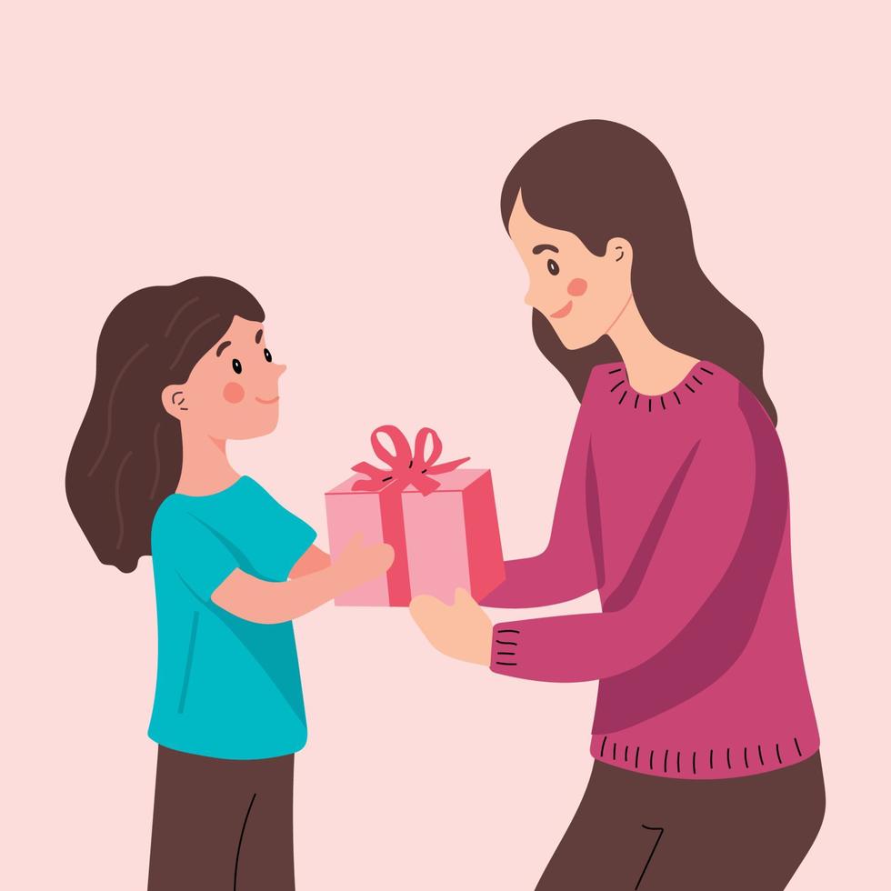 The child gives his mother gift. Vector cartoon illustration for Mother's Day or birthday.