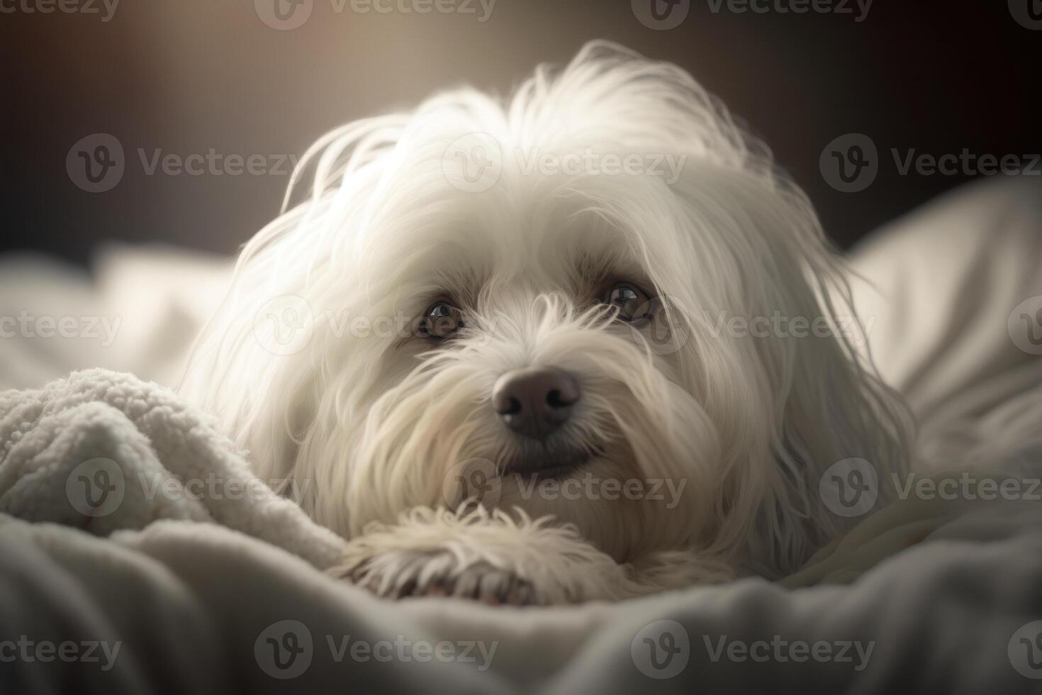 un joven maltés perro debajo un frazada. el mascota es tomando el sol debajo el tartán. el concepto de cuidando para mascotas. generativo ai. foto