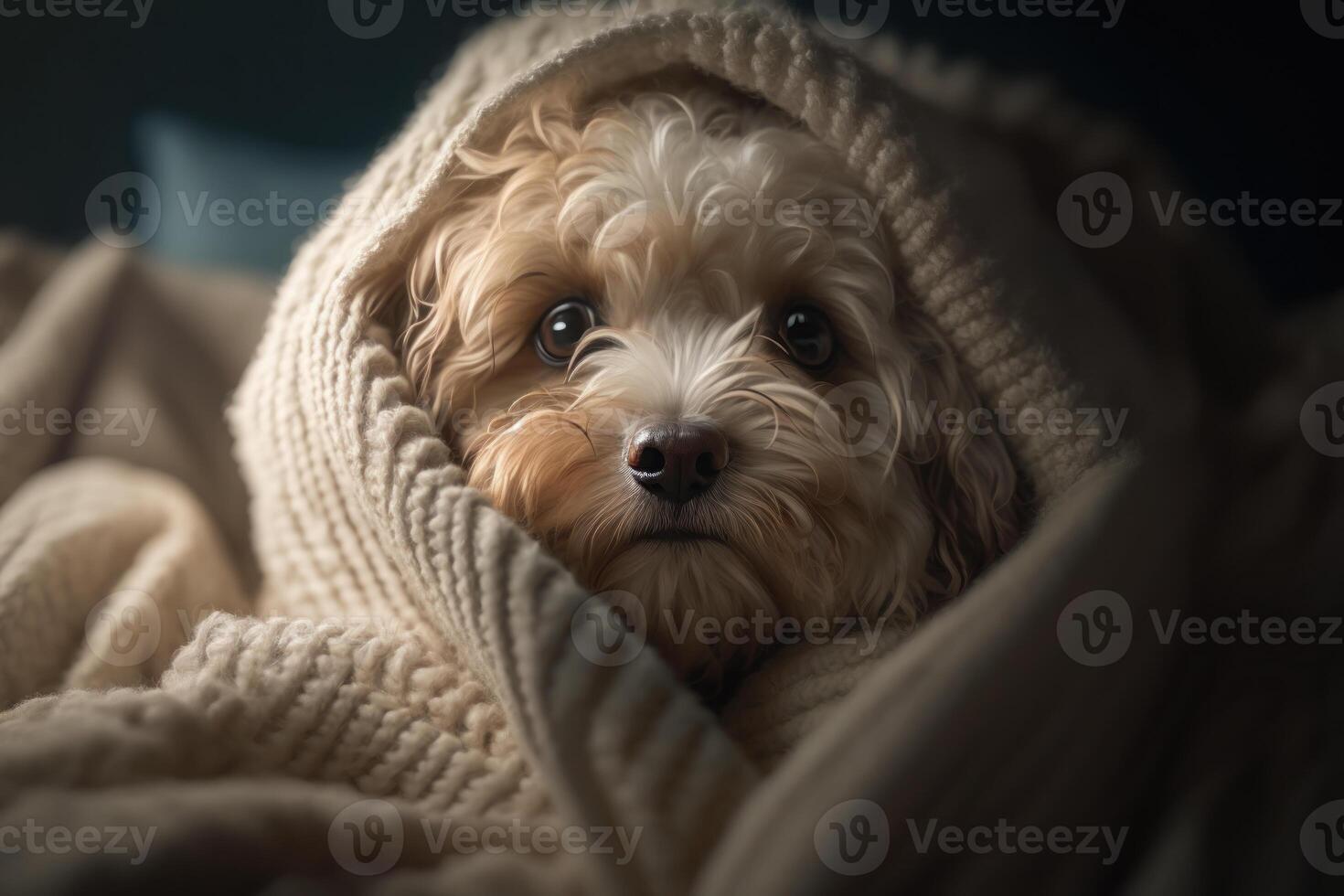 A young Maltipoo dog under a blanket. The pet is basking under the plaid. The concept of caring for pets. . photo