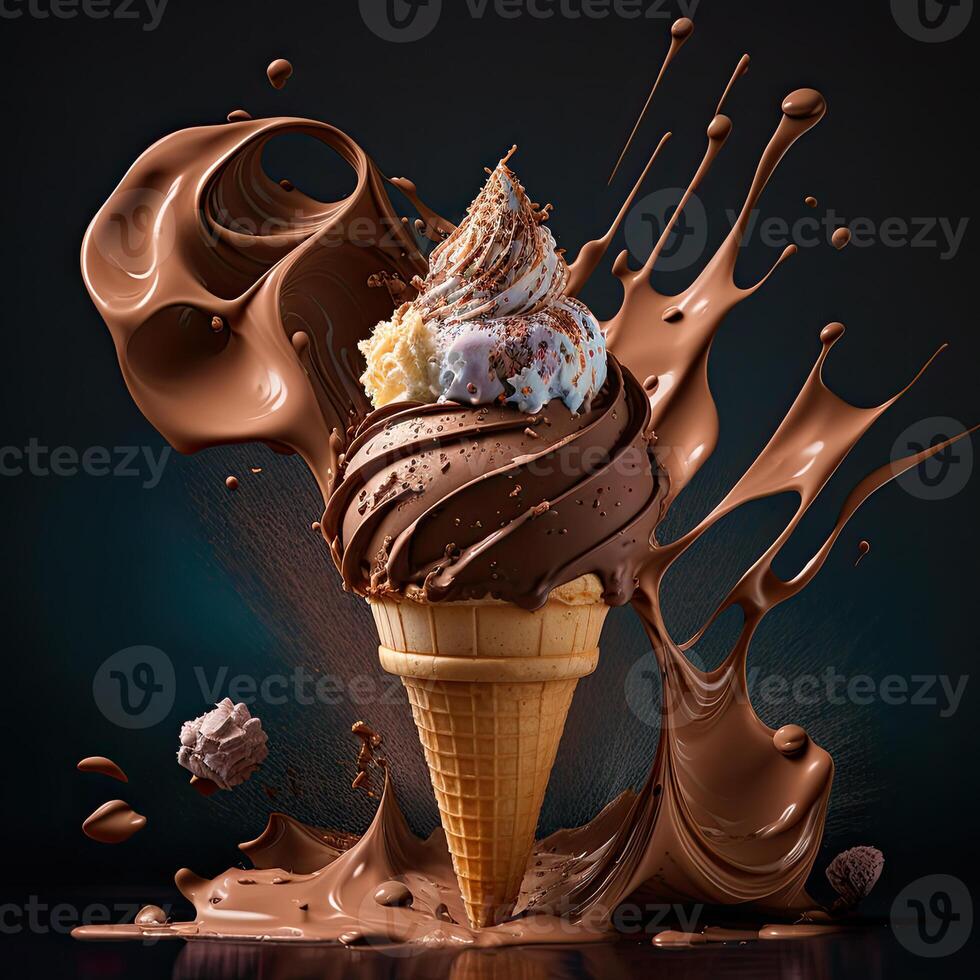 Ice cream cone. Chocolate Ice cream with caramel. . photo