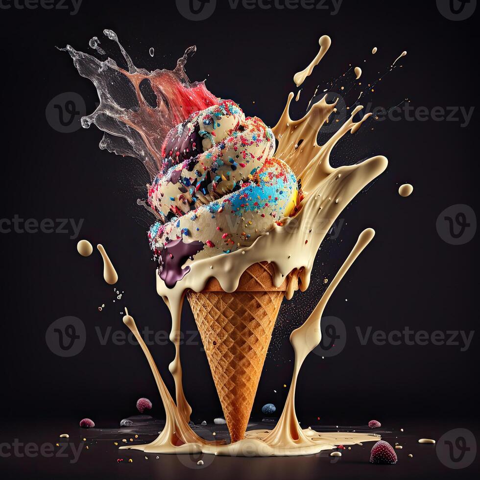 Ice cream cone. Fruit Ice cream with caramel. . photo