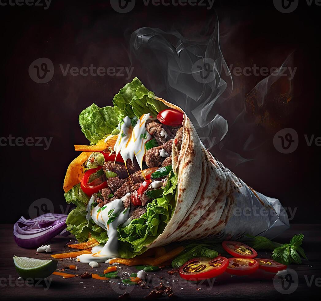 Shawarma roll in lavash, moist grilled meat with onion, herbs and vegetables. . photo