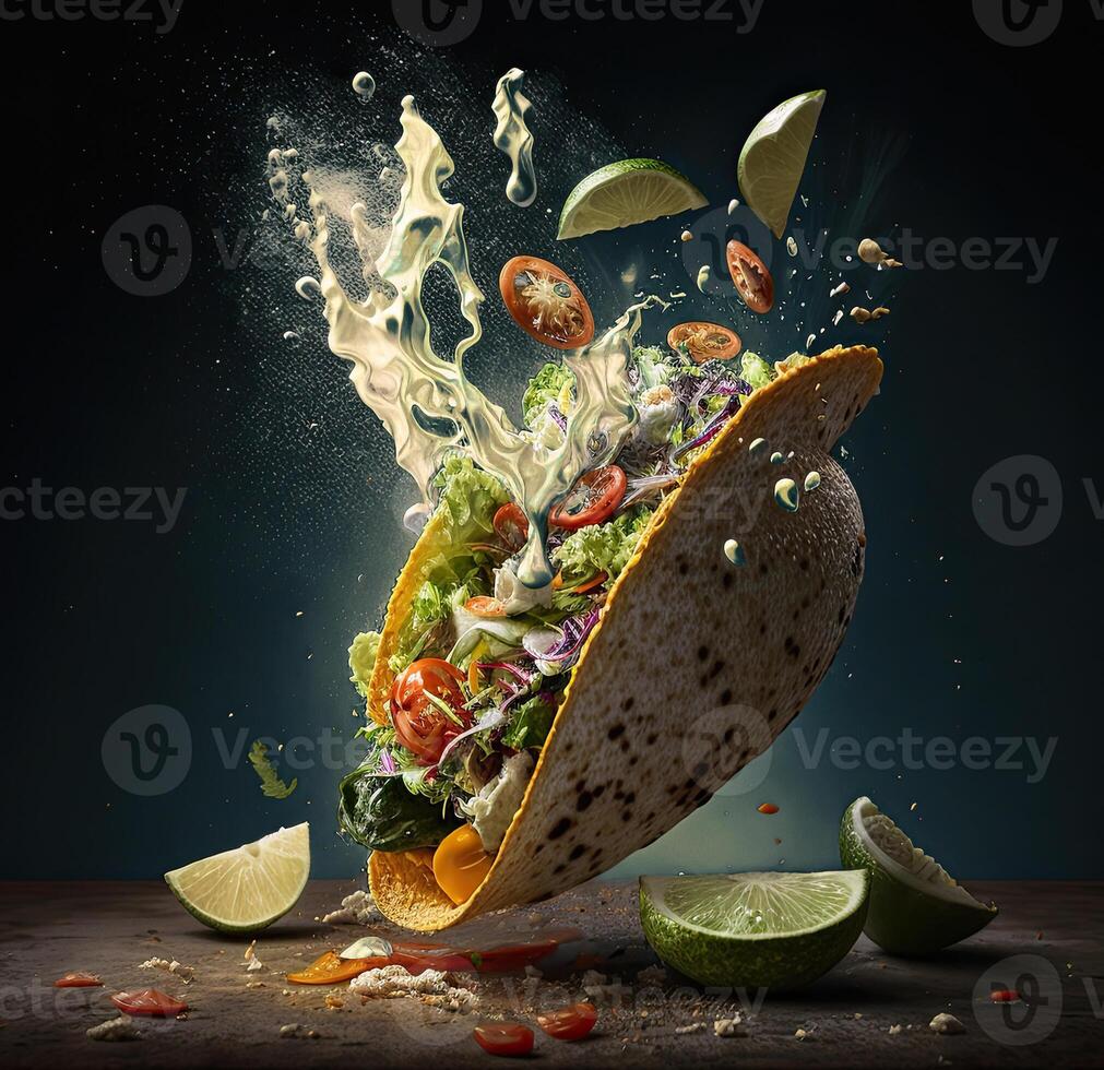 Traditional Mexican tacos with meat and vegetables. . photo