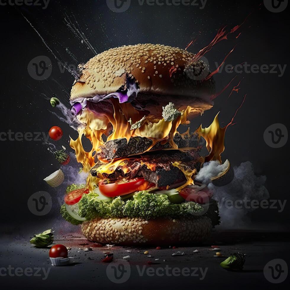 Fresh tasty burger. Big cheeseburger with meat patty, cheese and vegetables. . photo