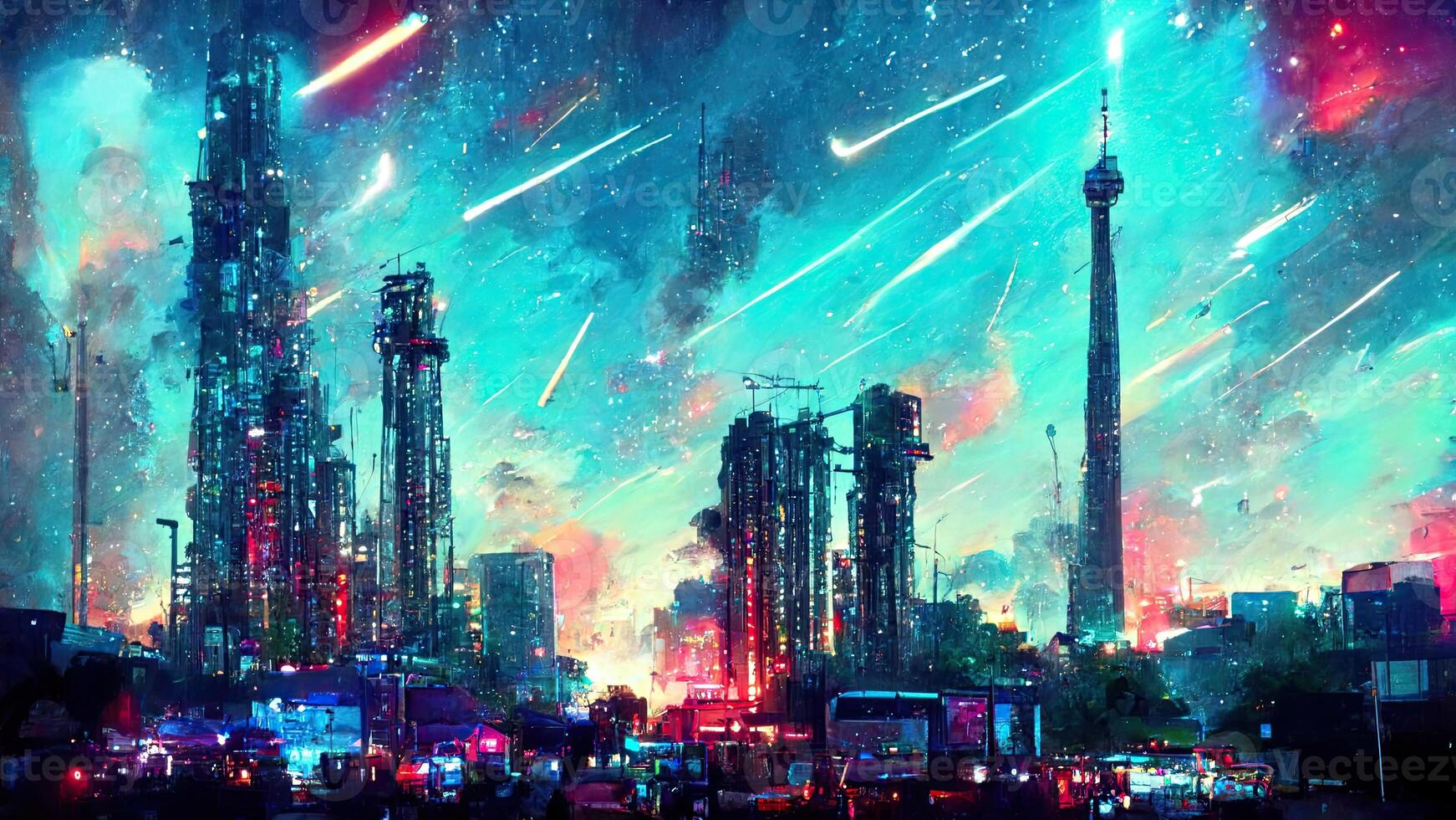 Cyberpunk city street. Sci-fi wallpaper. Futuristic city scene in a style  of pixel art. Urban scene. Generative AI. 22451635 Stock Photo at Vecteezy
