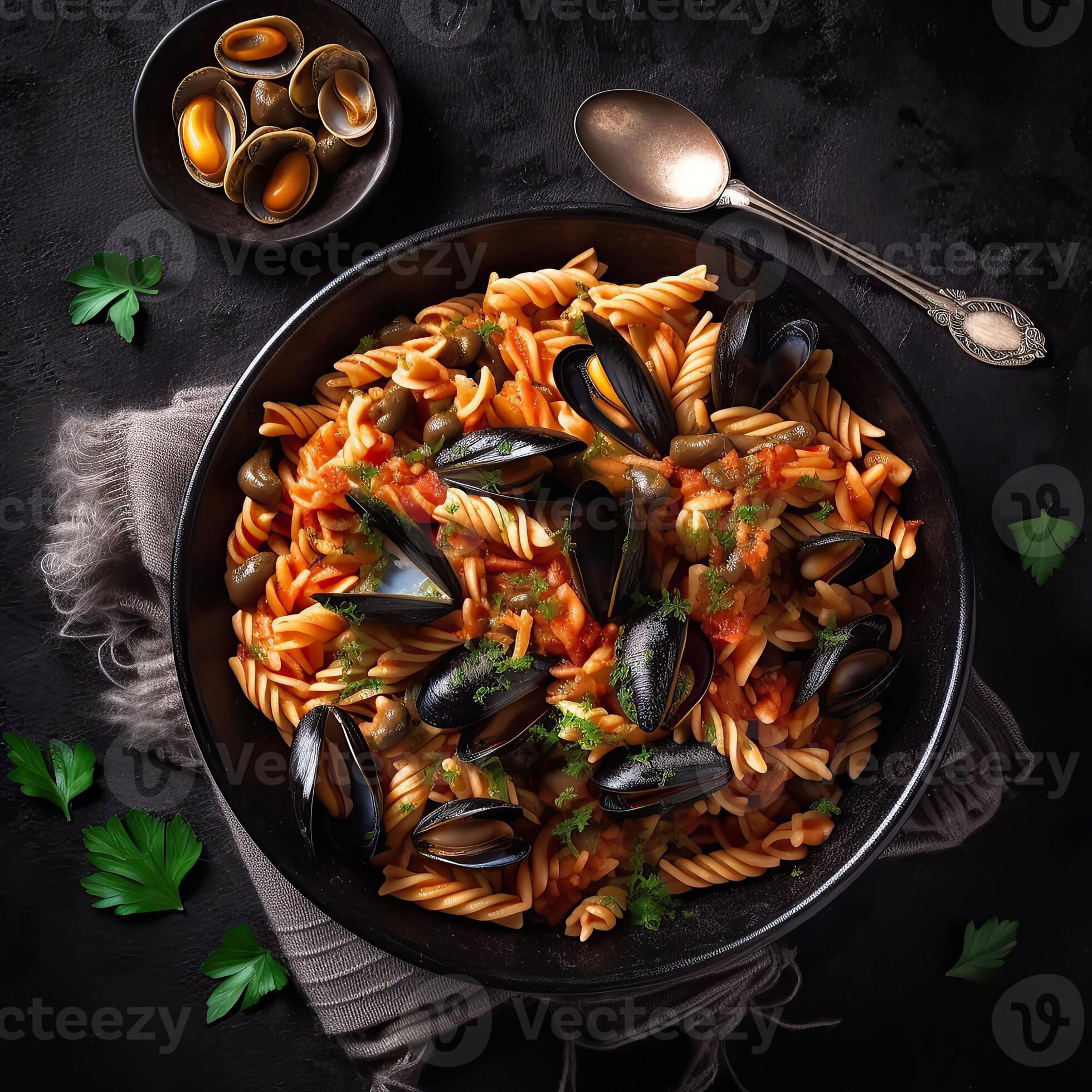 Classic italian pasta fusilli marinara with mussels, Italian seafood pasta with clams and