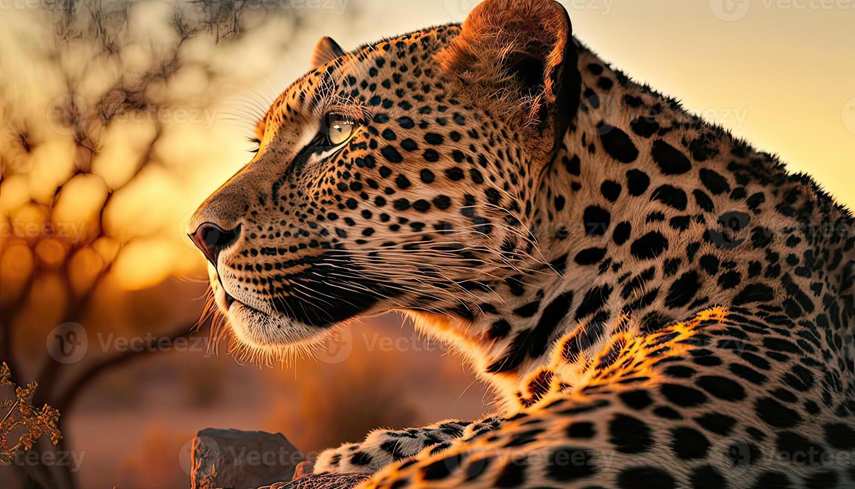 Portrait of a Leopard in the morning sunlight in the African savannah. Side view. . photo