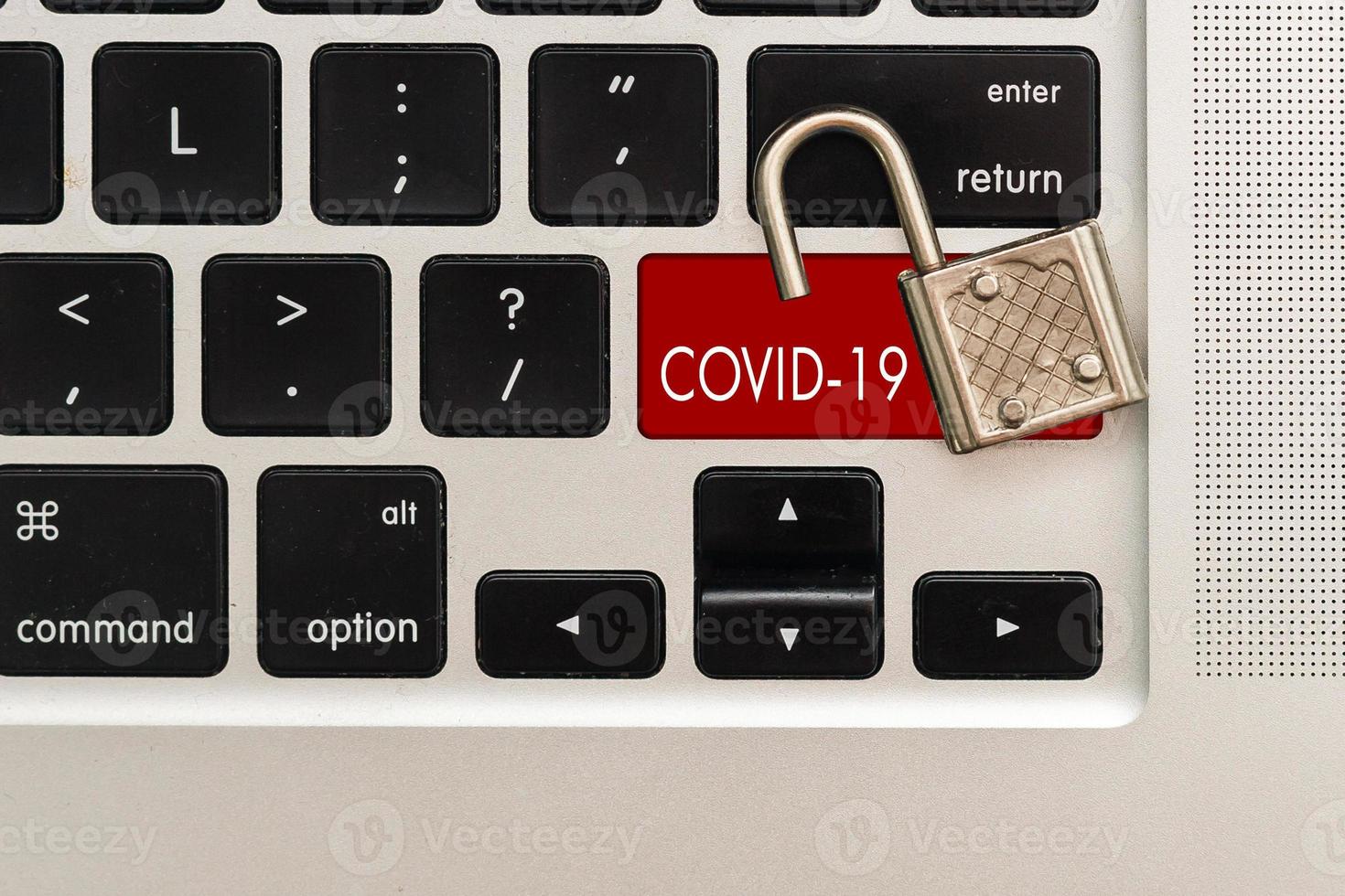 Red coronavirus button on the black computer keyboard. photo