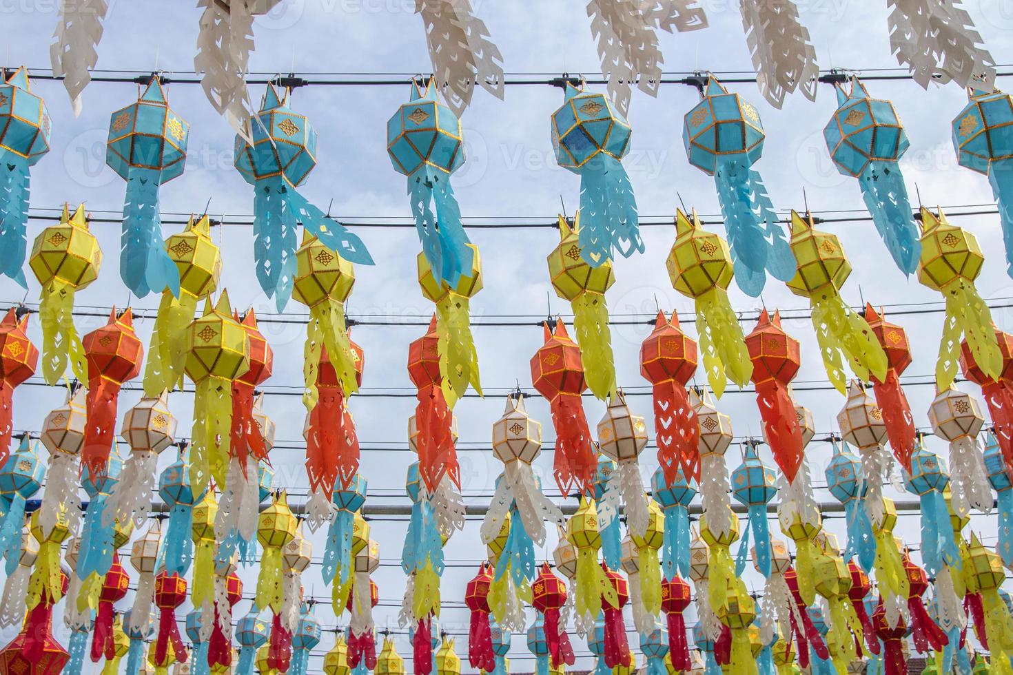 colorful hanging lanterns lighting in loy krathong festival at northern of thailand photo